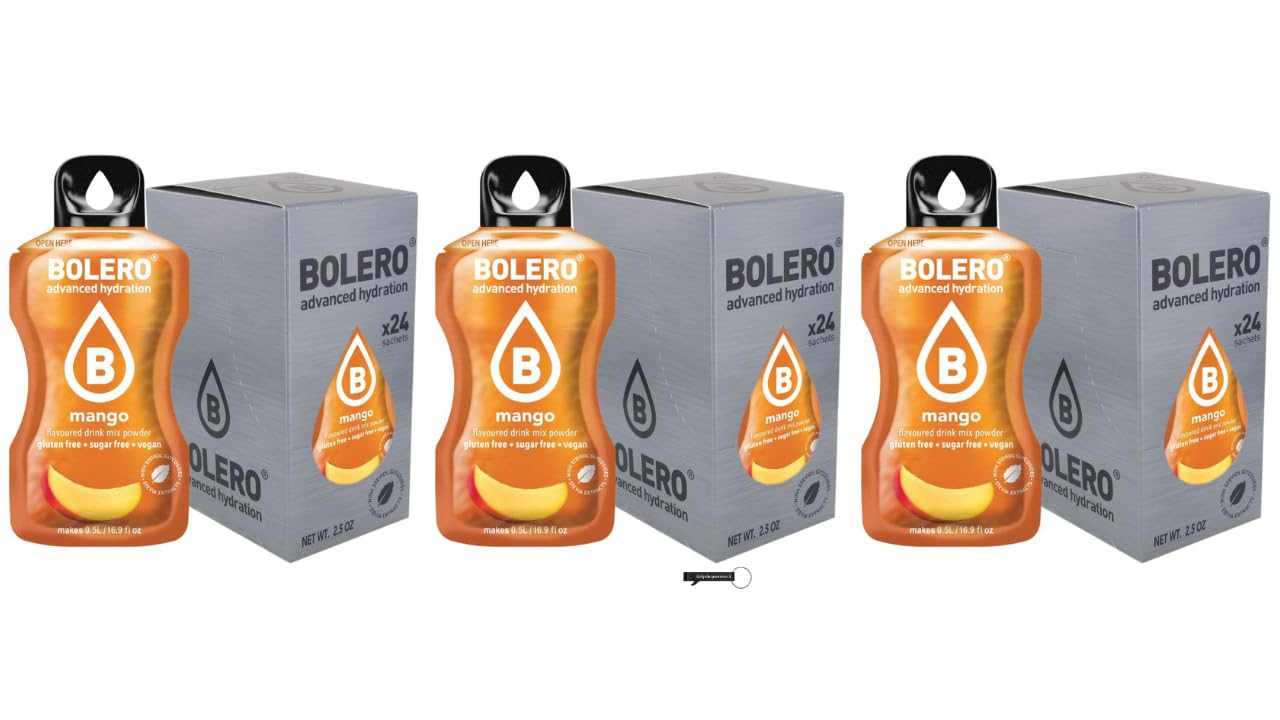 3 x Bolero Drinks Mango – je 24 x 9 g Getränkepulver ohne Zucker – Mit Stevia gesüßt & Vitamin C – Glutenfrei, Vegan,+ Italy Shop Service Kostenloser Schlüsselanhänger