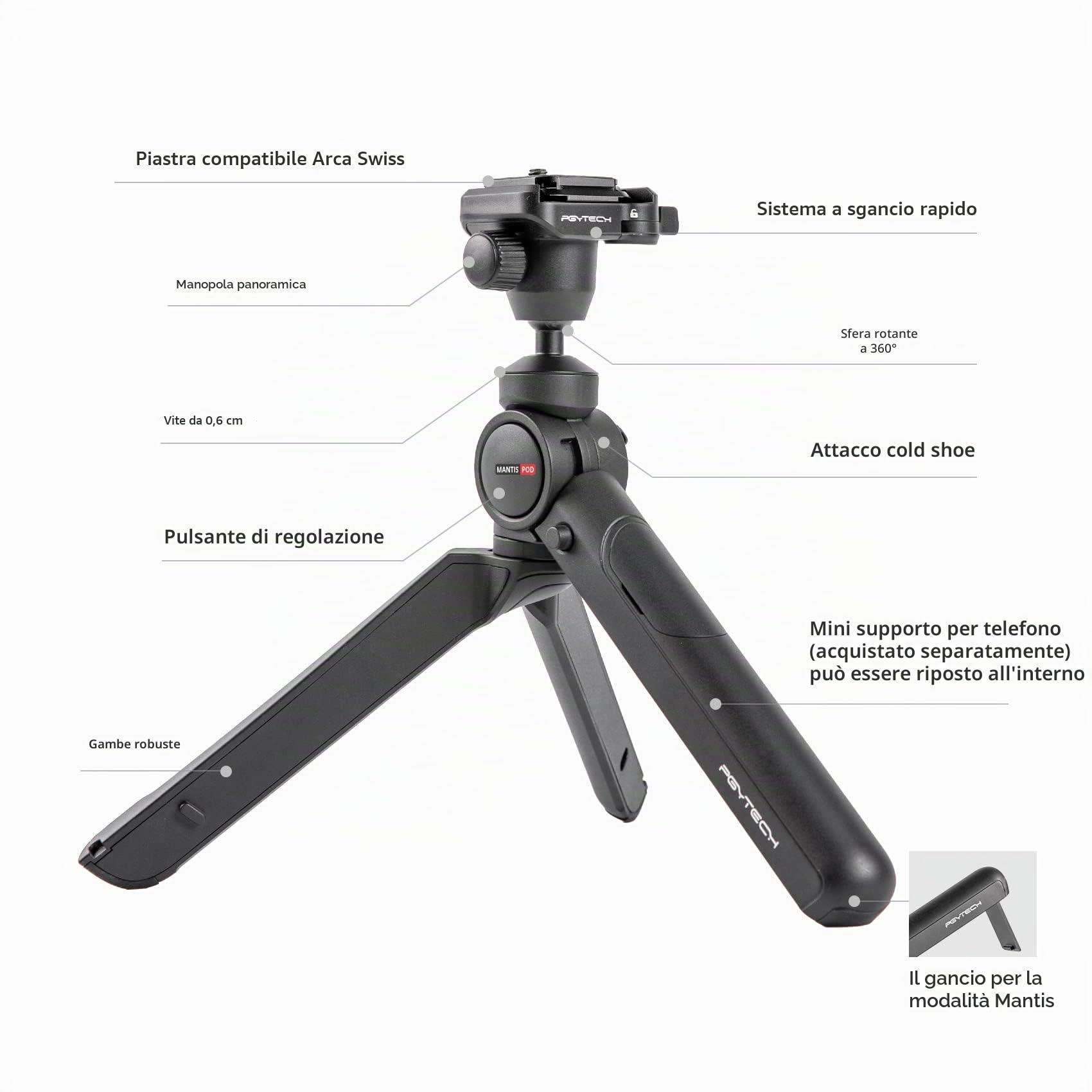 PGYTECH MantisPod 2.0 Treppiede Vlog, Supporto per Fotocamera Versatile 6-in-1 con Sistema di Sgancio Rapido e Attacco Cold Shoe, Mini Treppiede Portatile da Tavolo per Sony/Canon Compatta, Mirrorless