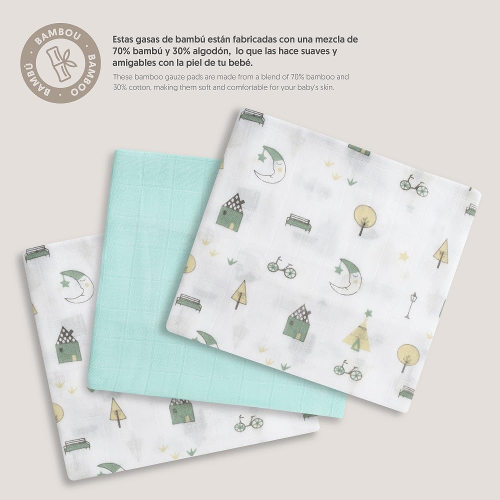 INTERBABY Set di 3 Mussole di Bambù MOON menta 55x70 cm per neonati