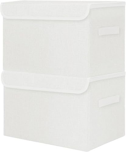 Miniatura 35 de Contenedores de Almacenamiento Plegables Apilables Grandes de 17" 42 Cuartos con Tapas [Paquete de 3] Cajas de Almacenamiento de Tela de Lino Beige