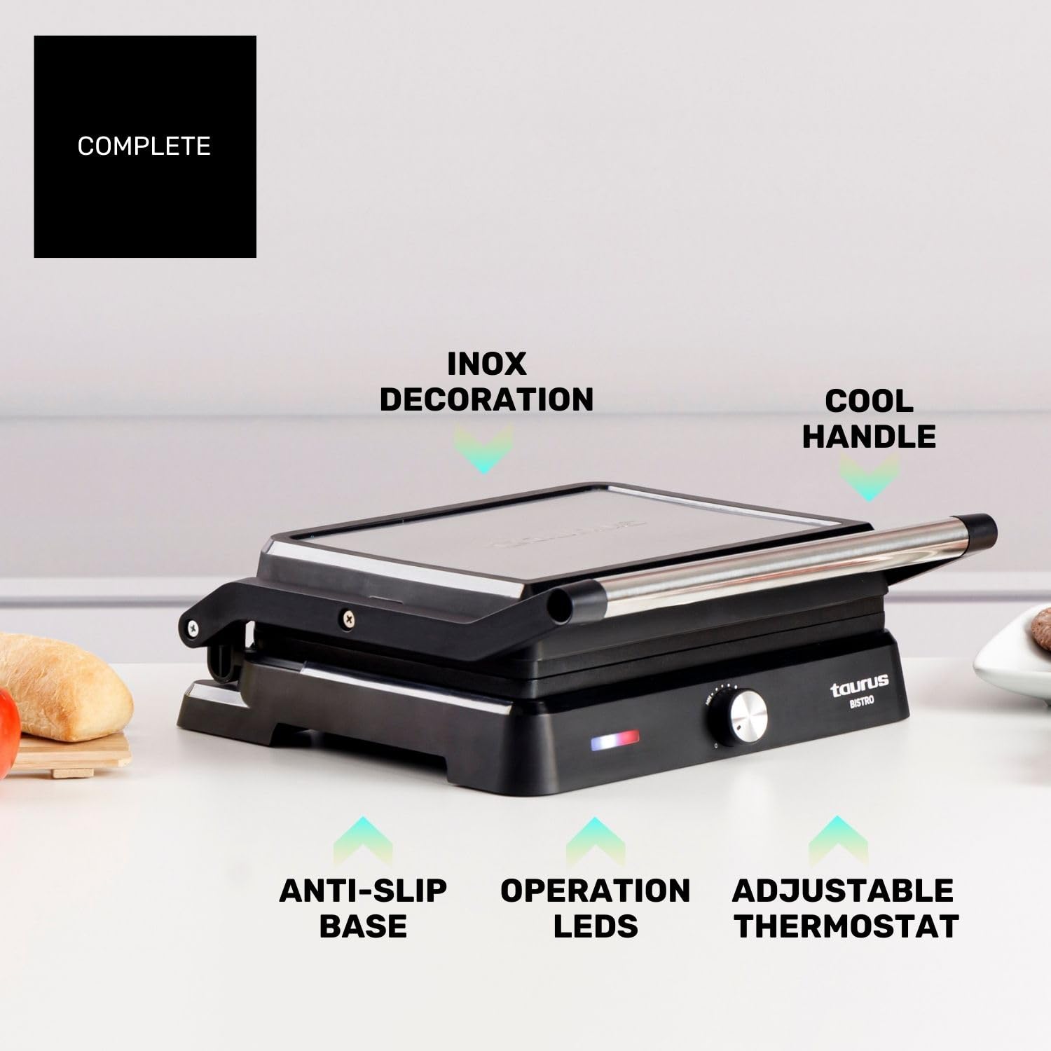 Taurus - Grill Bistro 2600W | 2 en 1: Grill y Plancha | Placas de 29x23 cm | Placa Basculante y Apertura 180º | Revestimiento Antiadherente sin PFOA | Bandeja Recogegrasas | Termostato Regulable