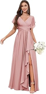 Flutter Sleeve Bridesmaid Dresses for Women V Neck Pleated Chiffon Formal Wedding Guest Dress with Slit