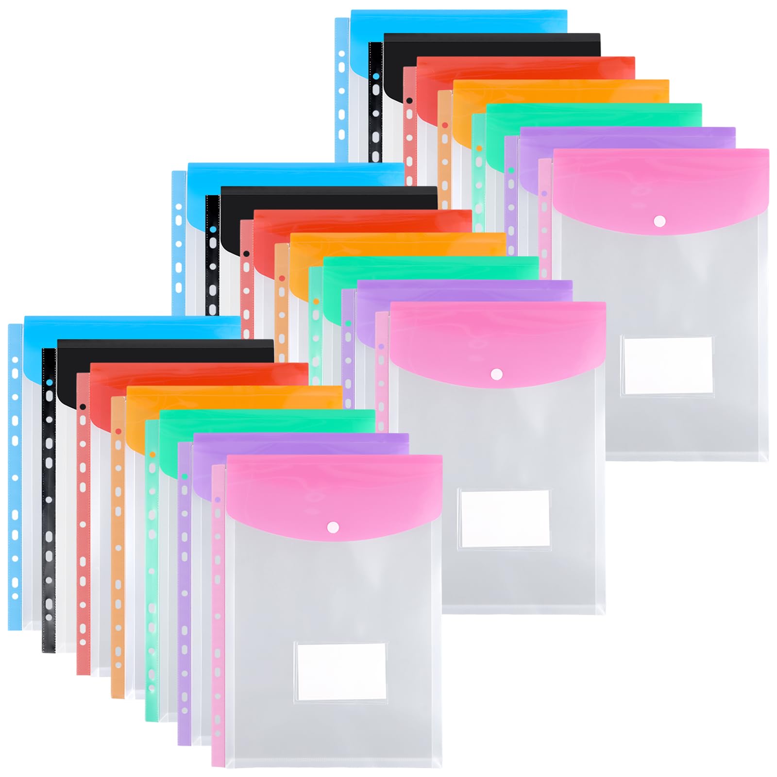 FUNSUEI 21 PCS Multicolor Punched Pockets A4 Plastic Wallets, Expandable Plastic Folders with Button Closure and Label Pocket for School, Office, Home, 32 x 23.5cm