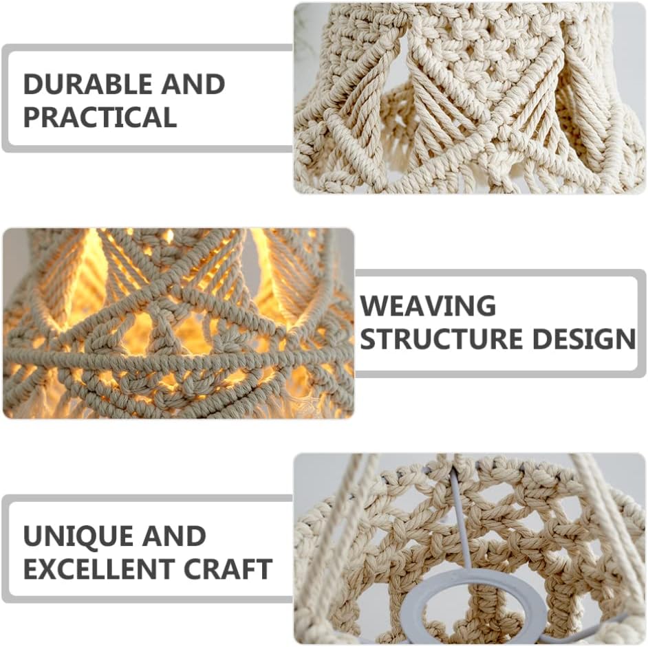 minkissy Macrame Hanging Lamp Shade Hand-Woven Ceiling Light Cover for Home Decor Bohemian Style Lampshade for Living Room Bedroom Cafe and Restaurant
