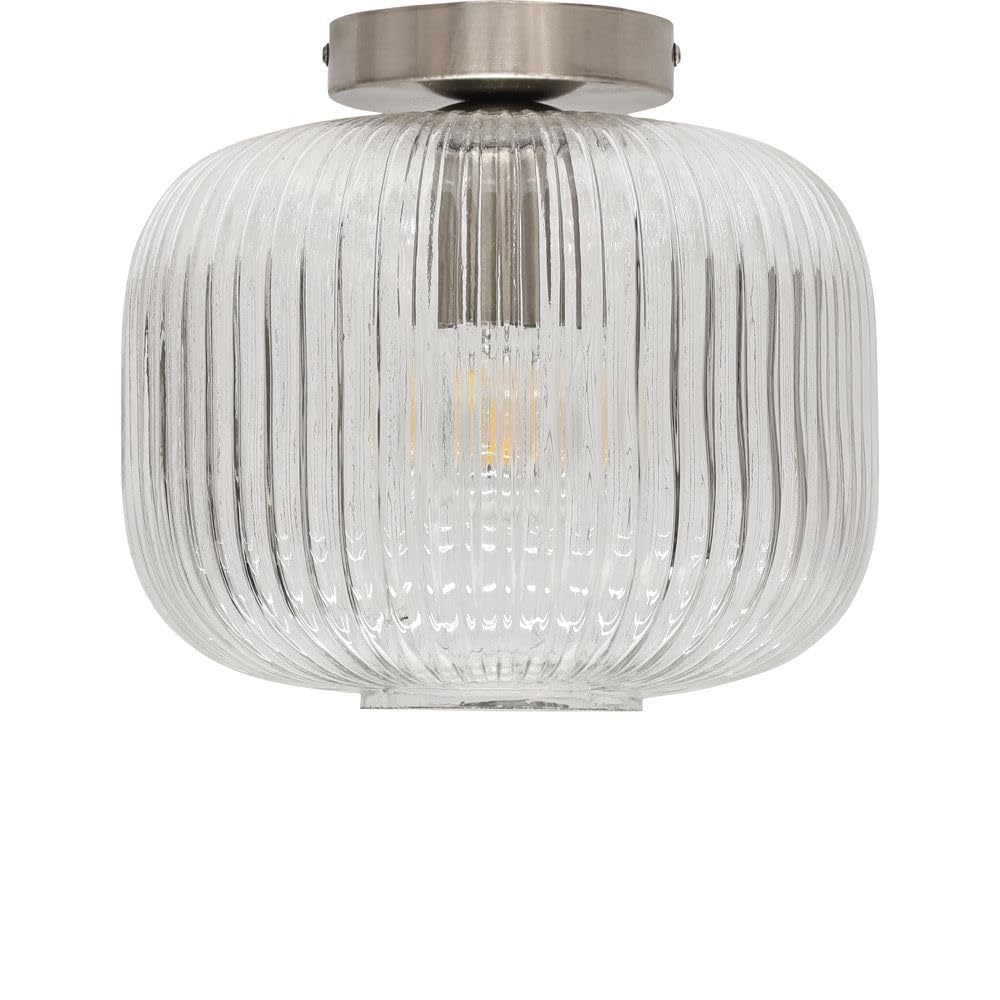 Firstchoicelighting Satin Nickel & Clear Clear Ribbed Glass Ceiling Light Flush Fitting With Satin Nickel Detail, Modern Low Ceiling Lighting