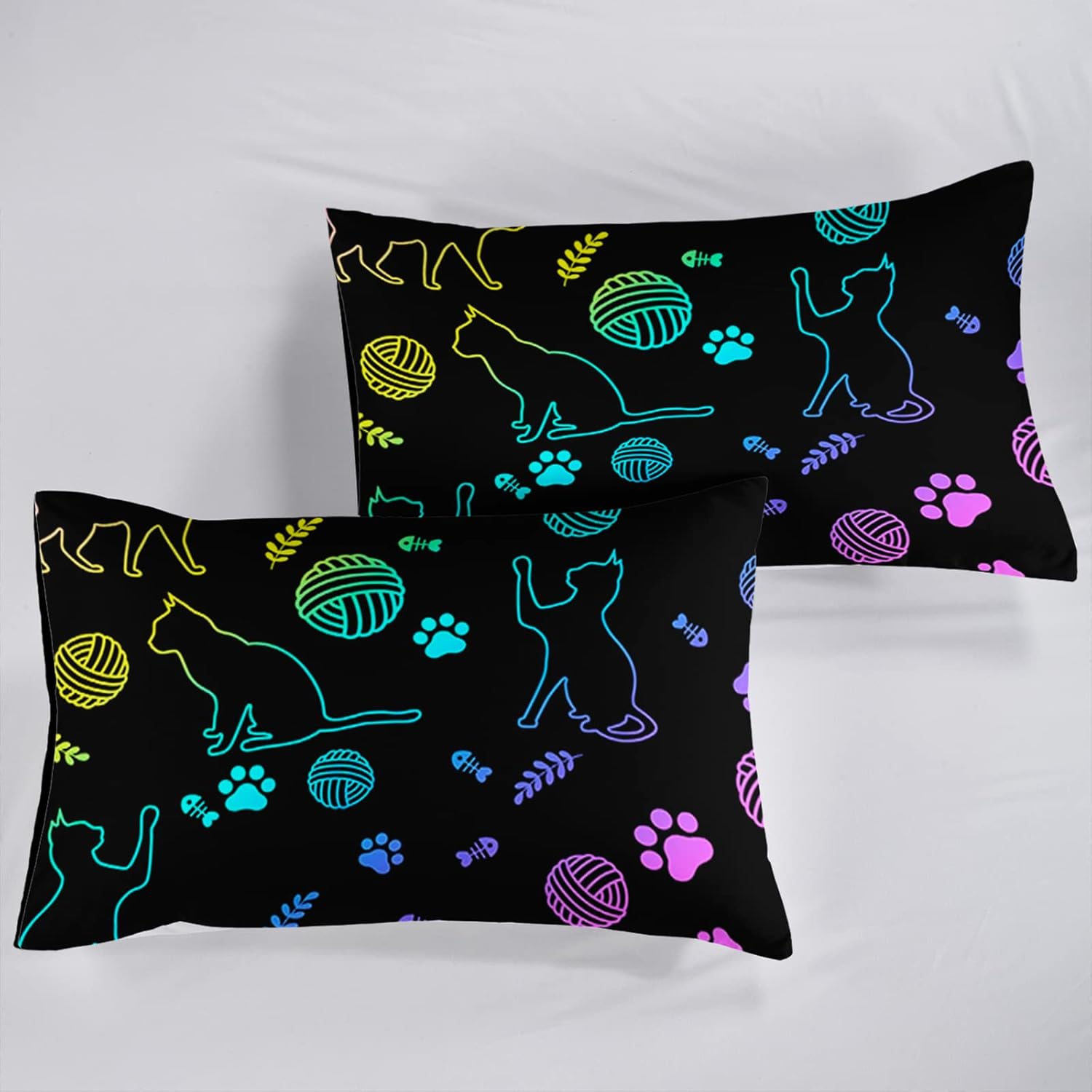 Axolotl Black Cat Bedding Cartoon Duvet Cover Set Queen Size,Neon Paw Ball of Yarn Printed Kids for Lover Boys Girls Room Decor 1 Quilt 2 Pillowcases No Comforter,Purple Blue