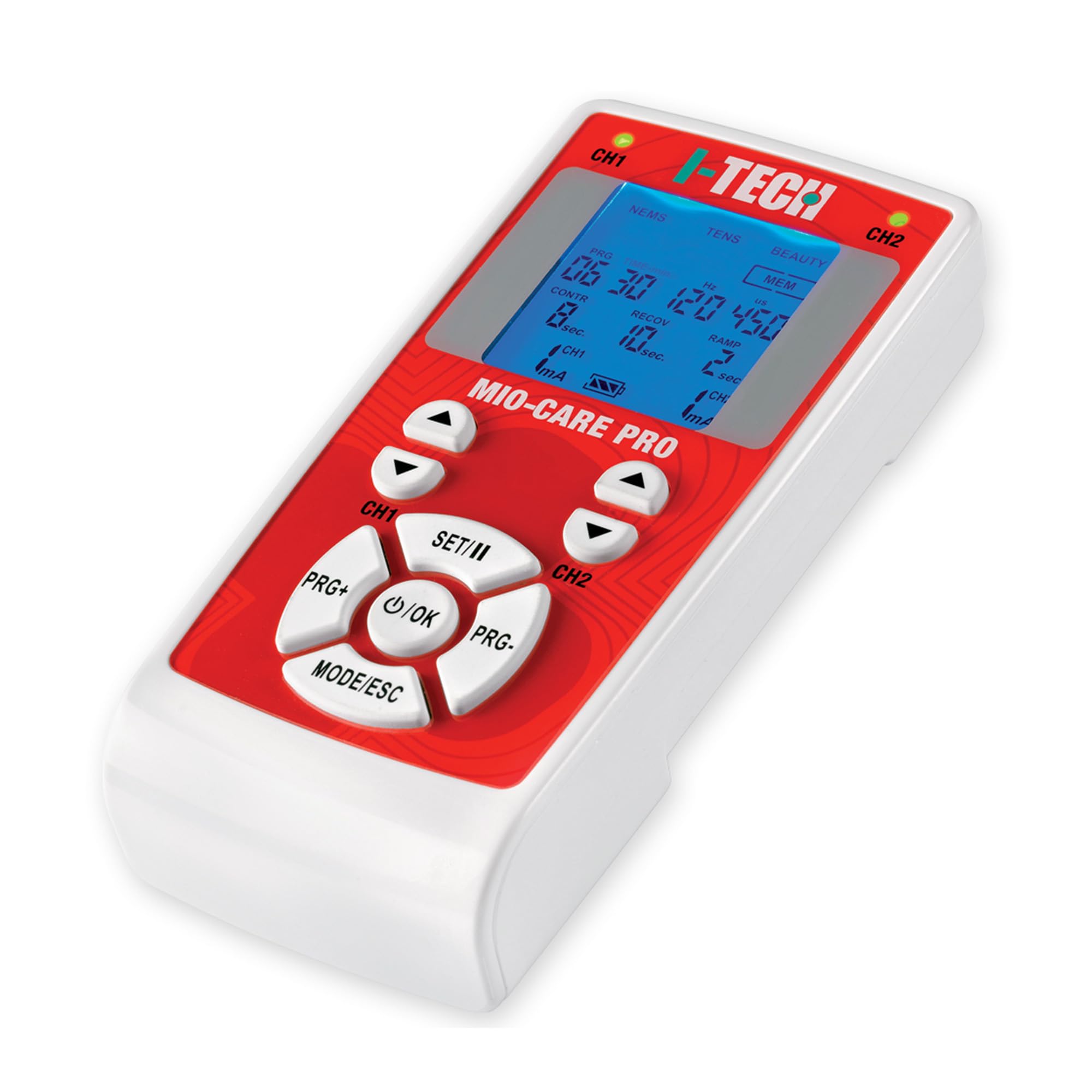 I TECH Mio-Care PRO, Elettrostimolatore 2 Canali Indipendenti, 8 Elettrodi, Display Retroilluminato, Max 100 mAh per Canale, 50 programmi: 14 medicali, 15 beauty, 21 fitness, 13 Memorie Libere