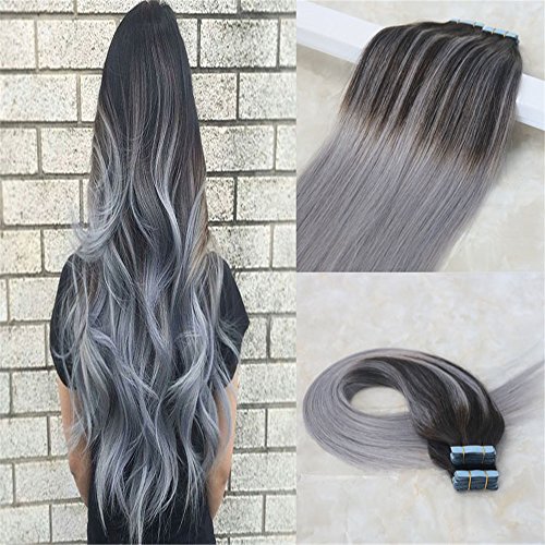 HairDancing 20" 20Pcs 50g Seamless Skin Weft Balayage Two Tone Color Dark Brown #2 Dip Dye Color Silver Grey Ombre Tape Hair Extensions