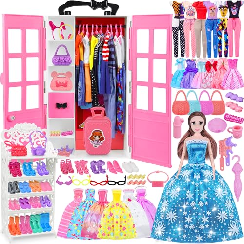 122 Pcs Doll Clothes and Accessories with Closet(Include Doll), Princess Gowns Fashion Dresses Top & Pants/Jumpsuit Swimsuits Shoes Hangers, Doll Dress up toys for Girls Kids Toddlers Toy Gifts