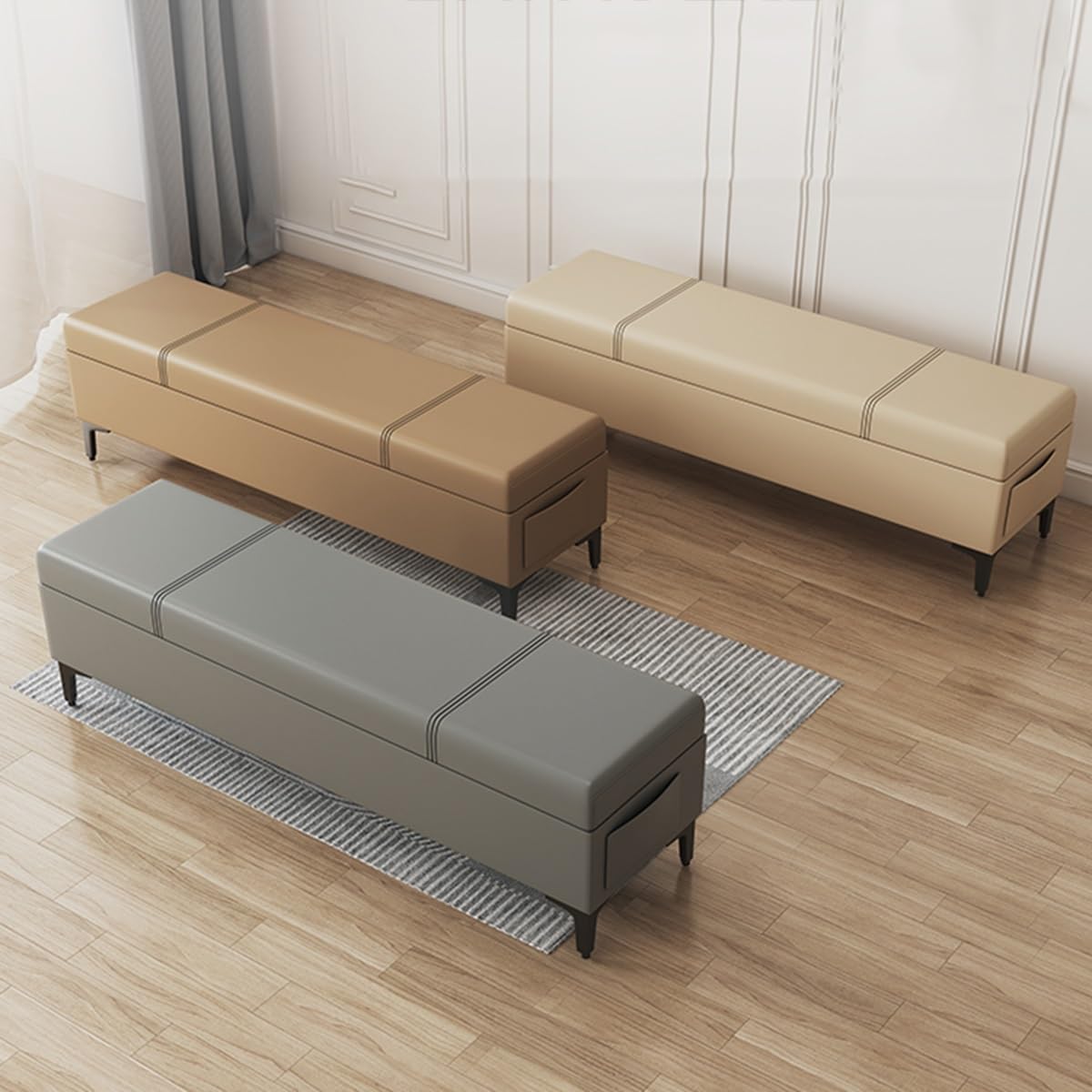 Moderno puf de cuero con patas de metal de 23.6 pulgadas, reposapiés otomano para sala de estar, entrada y dormitorio, taburete versátil para mesita de noche y banco Sk