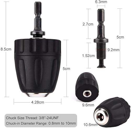 Miniatura 7 de Portabrocas sin llave con vástago hexagonal 38-24UNF, clip de broca sin llave de 0.031-0.394 in, adaptador de varilla hexagonal de 14 pulgadas,