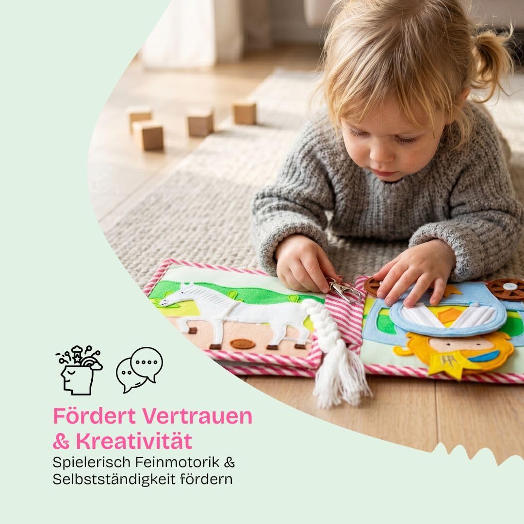 Jolly Designs Mini Quiet Book Kleine Prinzessin – Montessori Spielzeug ab 36 Monaten – Sensorisches Stoffbuch für Kinder – Handgemachtes Busy Book mit 6 Aktivitätsseiten