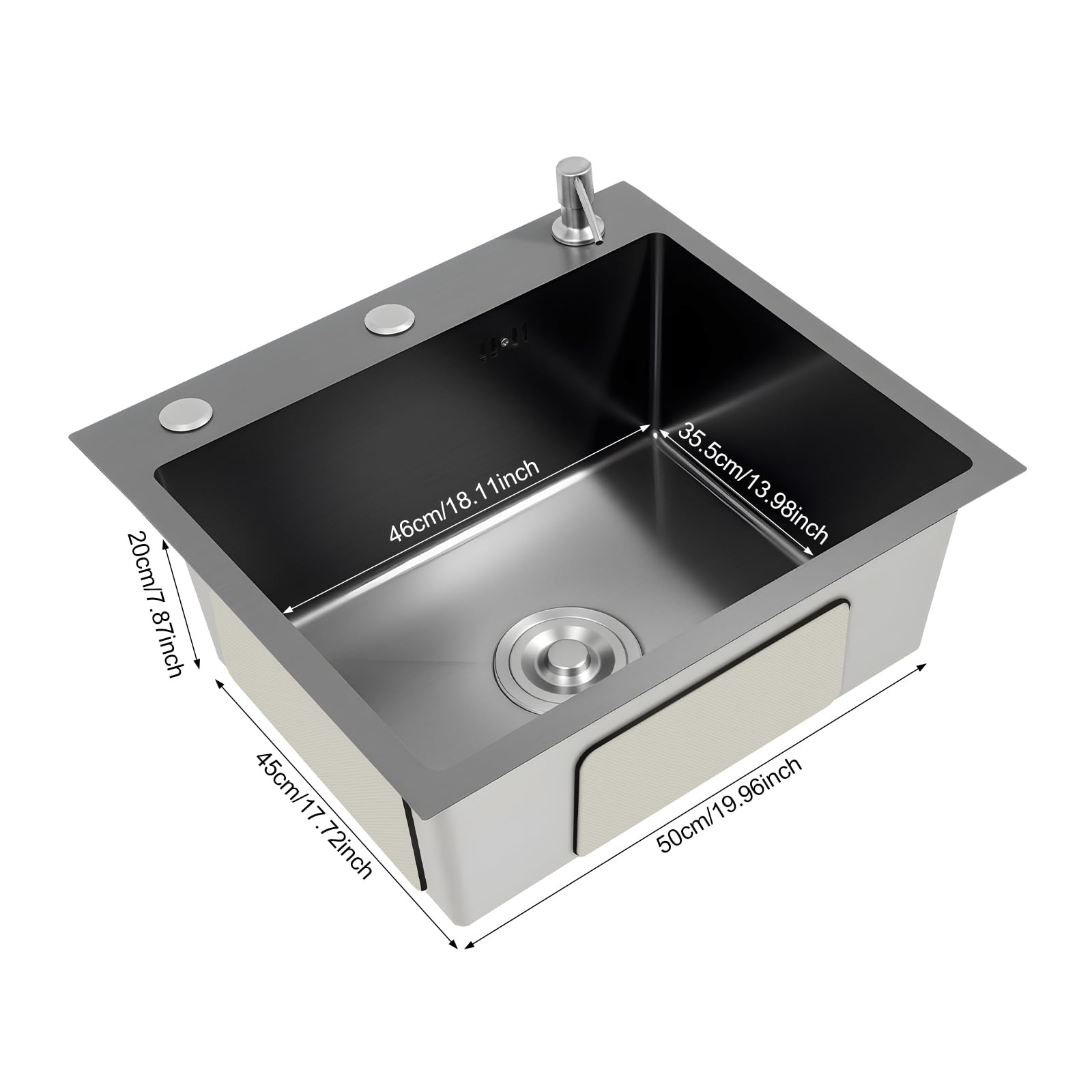 Fregadero de 50 x 45 cm, de acero inoxidable, pequeño, empotrable con dispensador de jabón y cesta colador, 1 lavabo para cocinas, hogares, restaurantes