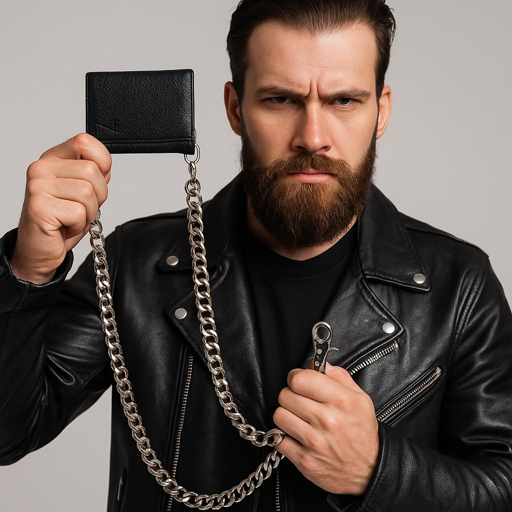 Men’s Trifold Leather Wallet with RFID Blocking – Black Genuine Leather Biker Wallet with Chain, Secure Snap Closure Design in USA New in Box