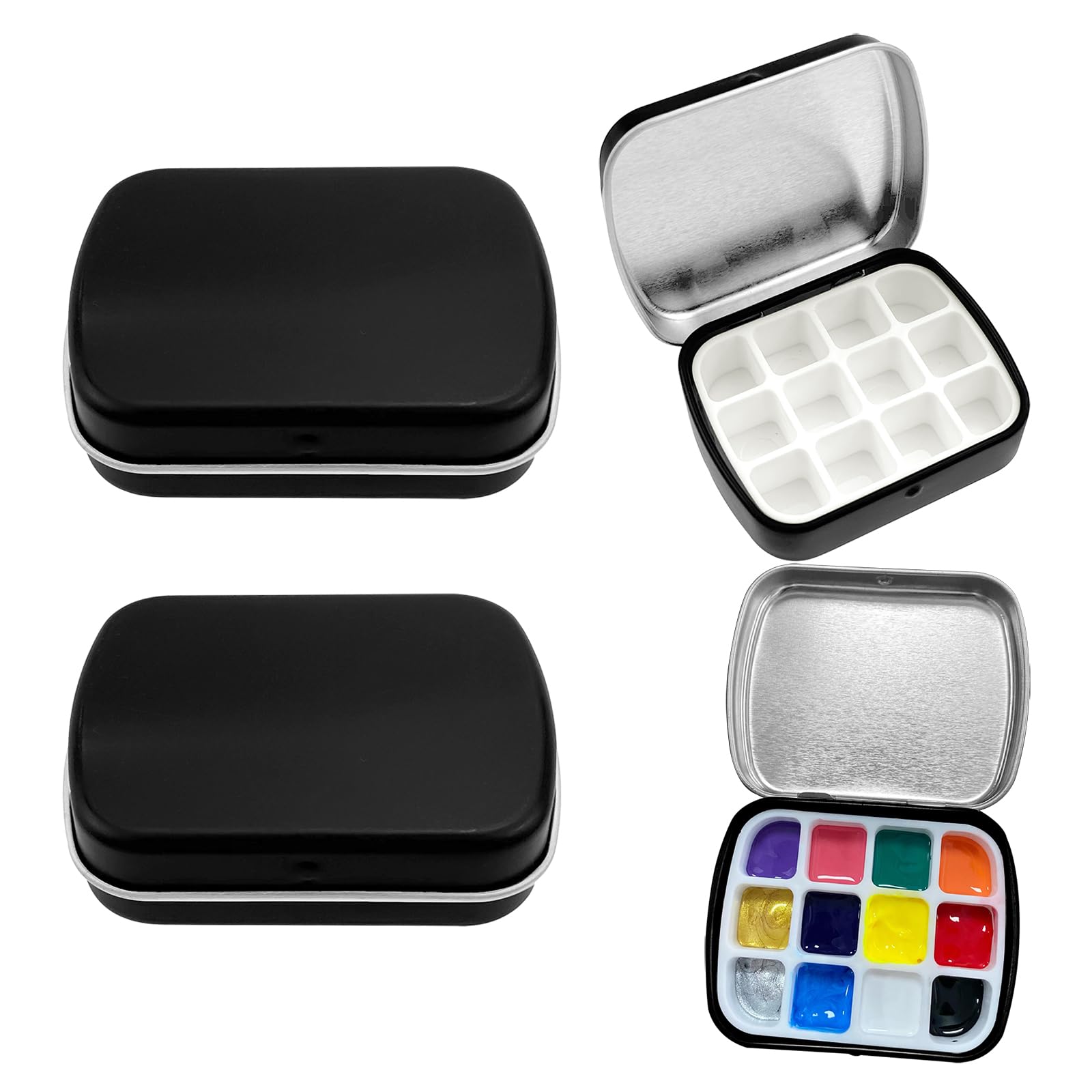 2 PCS Watercolour Paint Palette,Metal Mini Empty Watercolor Tin with Lid 12well Portable Paint Palette for Urban and Field Sketching