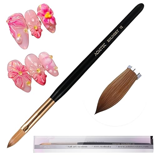 Aokitec Cepillo de uñas acrílico 100% Kolinsky, tamaño 12, cabeza redonda, oro negro