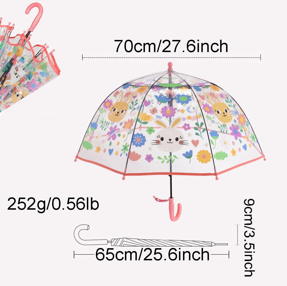 ThreeH Kids Clear Bubble Umbrella Auto Opened 8 Fiberglass Ribs with an Easy Grip Handle Transparent Dome Umbrella Pink