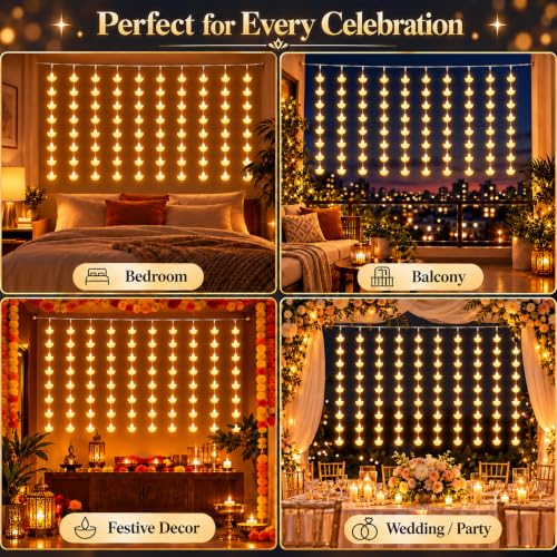 Image of One94Store Diya Curtain Fairy Lights, 80 LED Warm White, 3m x 1m, 10 Hanging Strands, 8 Modes, AC Plug Decorative Lights for Home, Balcony, Pooja Room, Diwali & Festive Decor