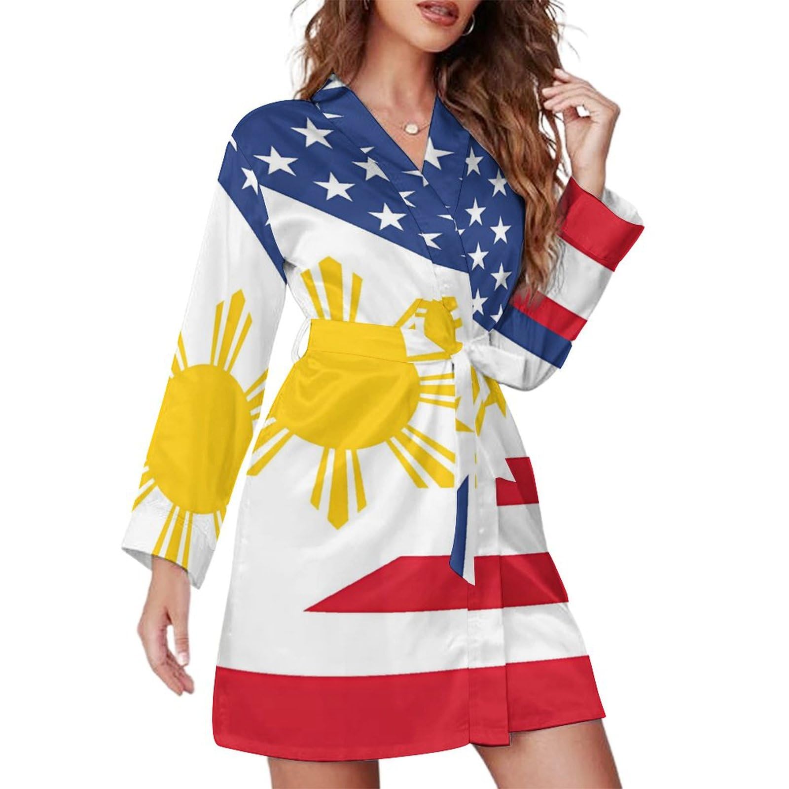 Philippines Flag U.S. Women's Short Robes Long Sleeve Belted Bathrobe Nightgown V Neck Sleepwear