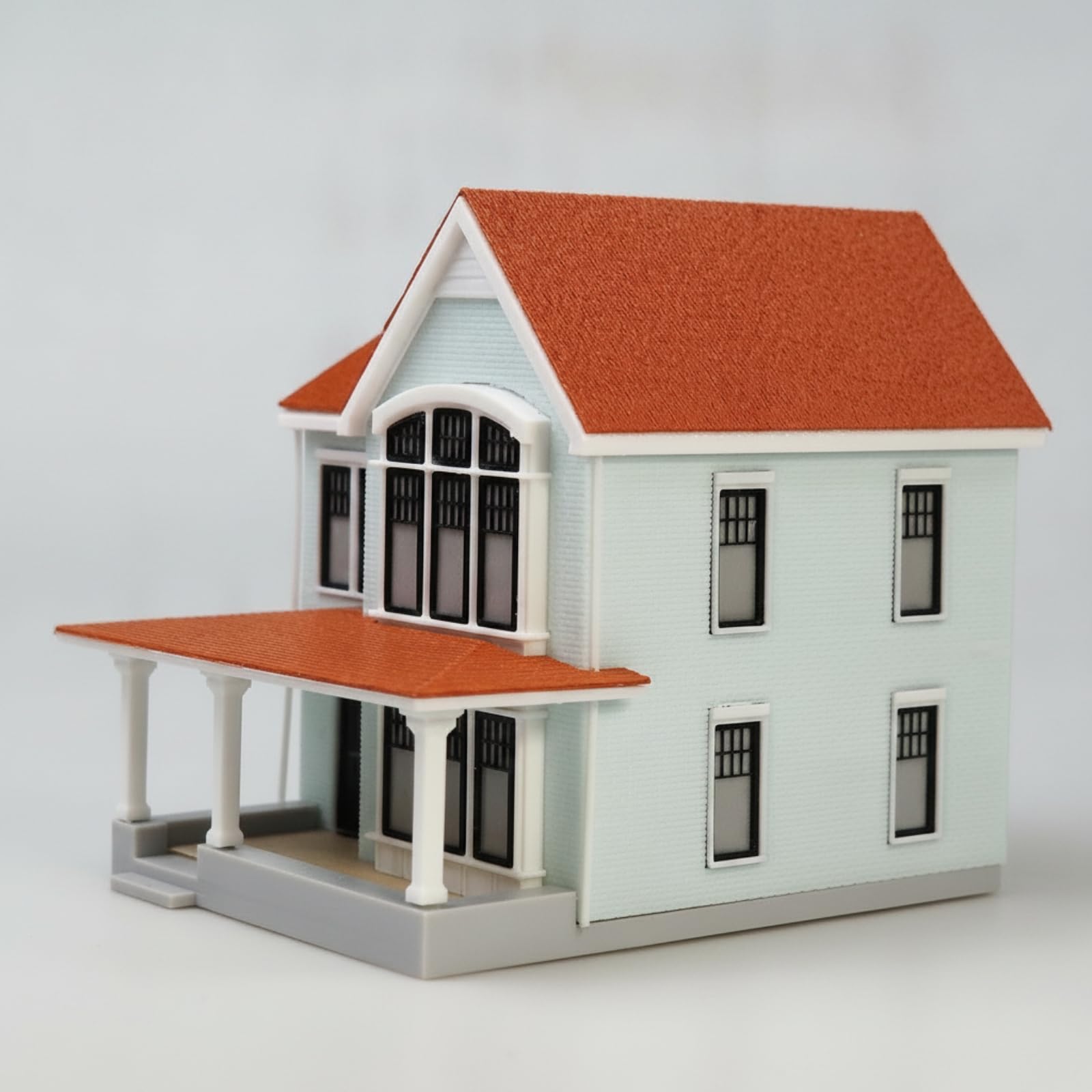 Miniatura Architettura Villa Modello Diorama Plastica Base Personalizzabile Due Piani Tetto a Due Falde Facciata Finestra Ad Arco Portico Colonne, Marrone Rosso