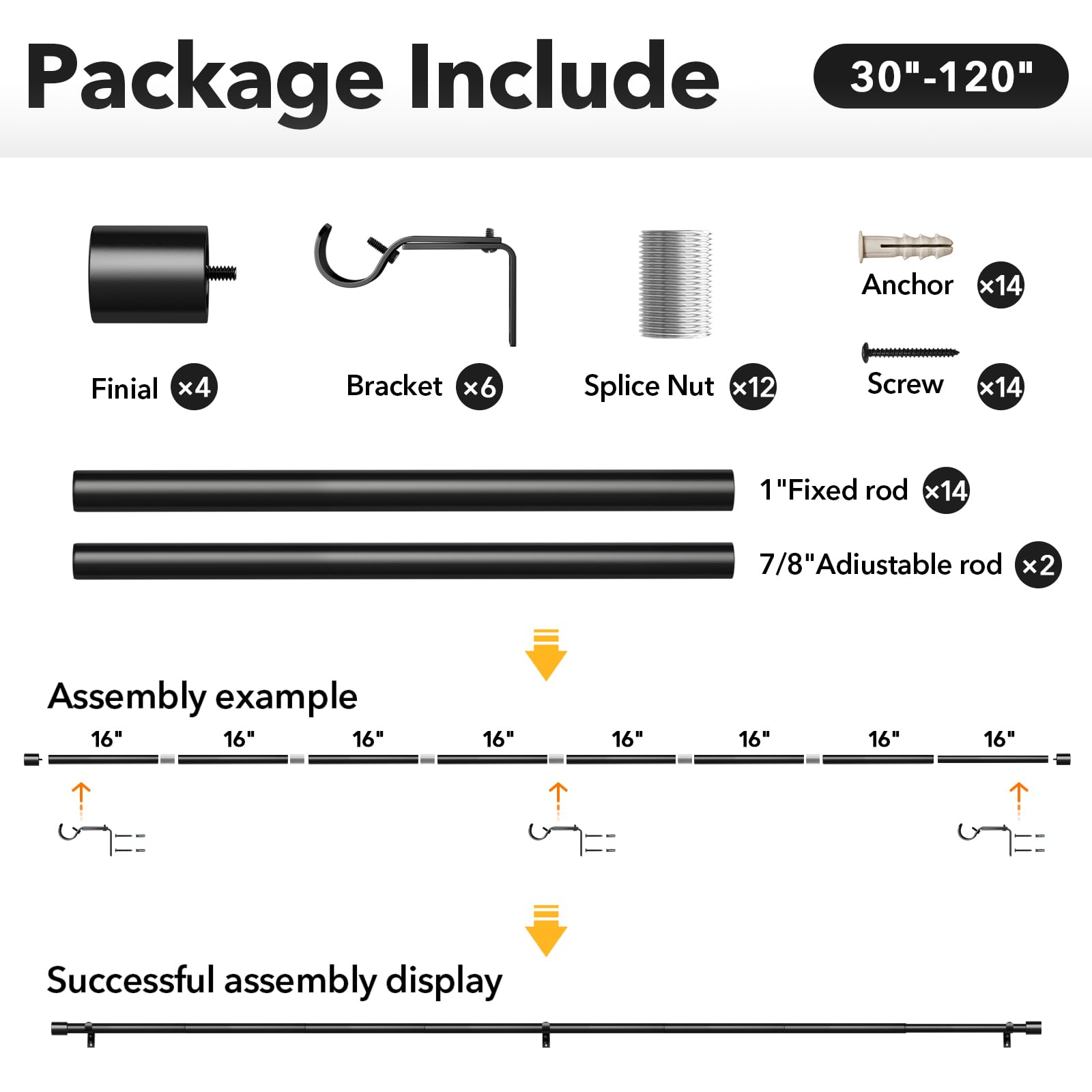 IFELS 2 Pack Heavy Duty Curtain Rods for Windows 66 to 120 Inch, 1 Inch Black Curtain Rods Set of 2 Pack for Outdoor, Farmhouse, Bedroom, Adjustable Easy Install Curtain Rods (Black,30"-120"-2Pack)