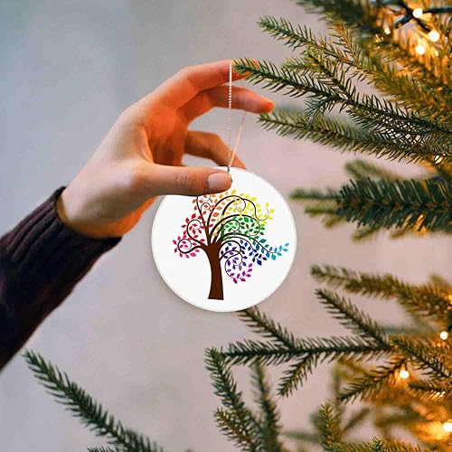 Miniatura 3 de Pedente de cerámica del círculo del ornamento de la Navidad, árbol abstracto con las hojas del arco iris