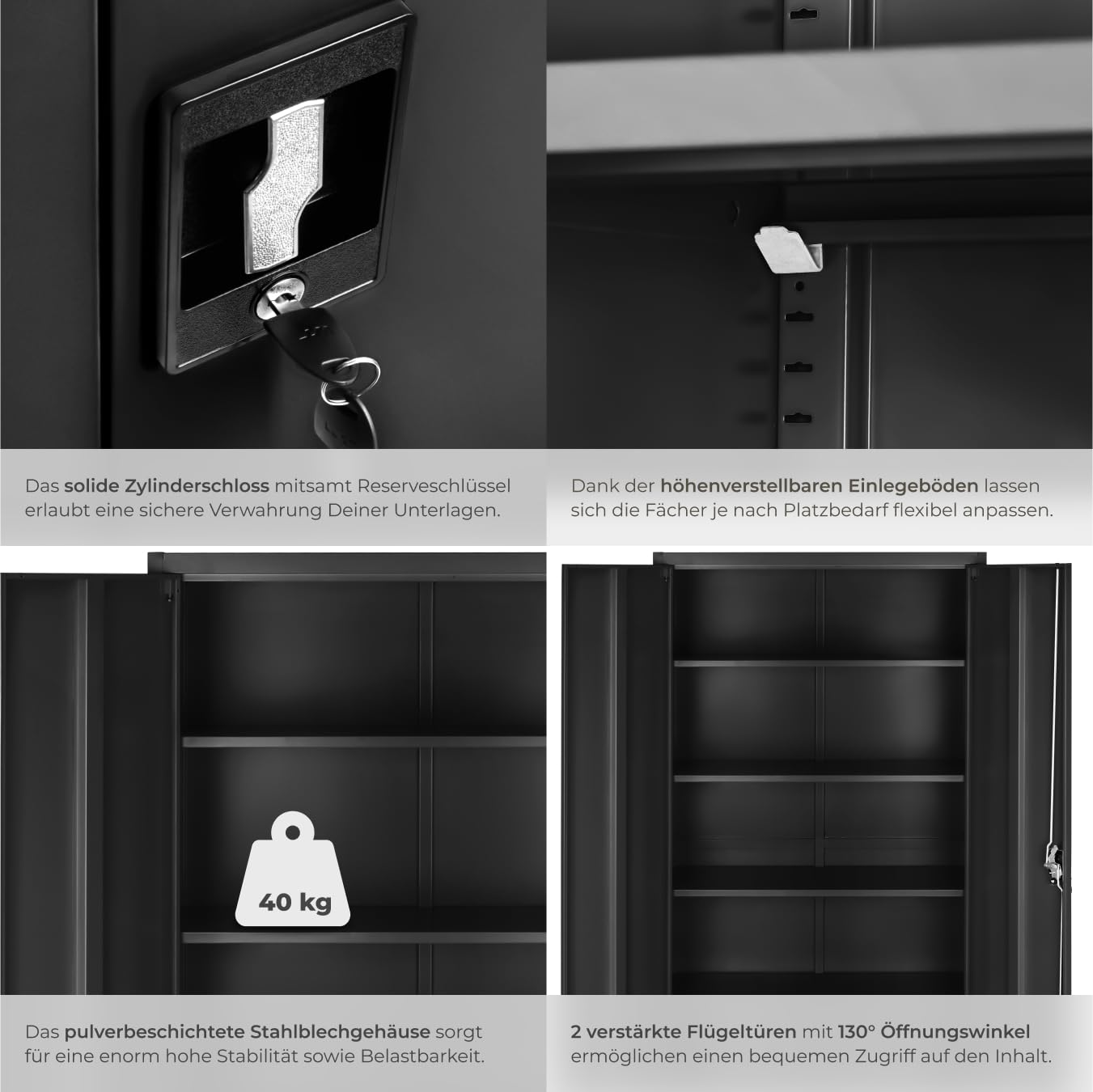 tectake® Aktenschrank, 180 x 90 x 40 cm, Büroschrank abschließbar, Mehrzweckschrank aus Stahl, Allzweckschrank, mit 2 Türen, Ink. 5 höhenverstellbare Einlegeböden, Aktenschrank abschließbar - schwarz