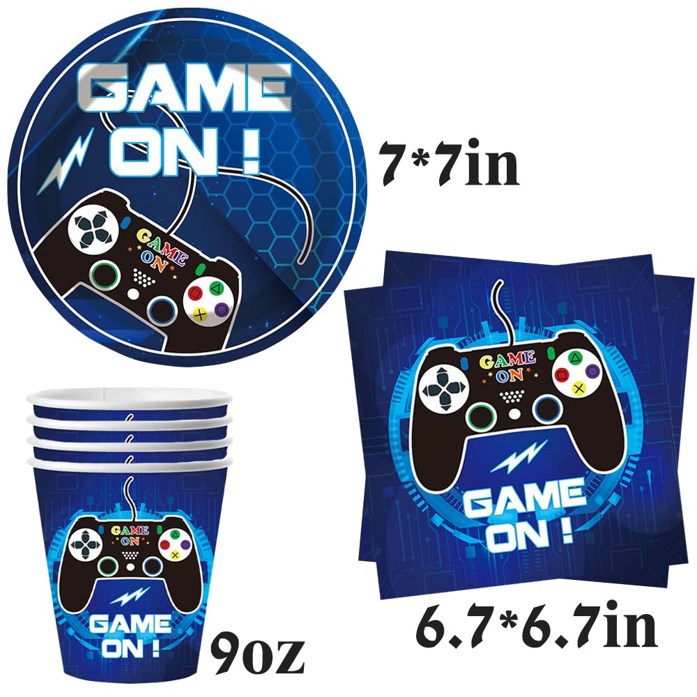 YGCHEN Jeu vidéo - Vaisselle de fête pour anniversaire d'enfant - Jeu de vaisselle - Gobelets en carton - Assiettes en carton - Serviettes de table - Décoration d'anniversaire pour 10 personnes - Bleu