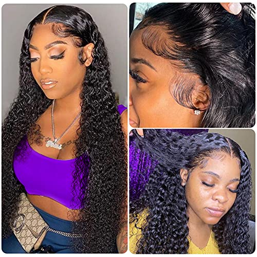13x4 Mongolian Kinky Curly Lace Front Wigs Human Hair Pre Plucked With Baby Hair for Black Women Glueless 22 Inch Deep Wave Curly Frontal Wigs Full Swiss Lace Free Part 150% Density Natural Color