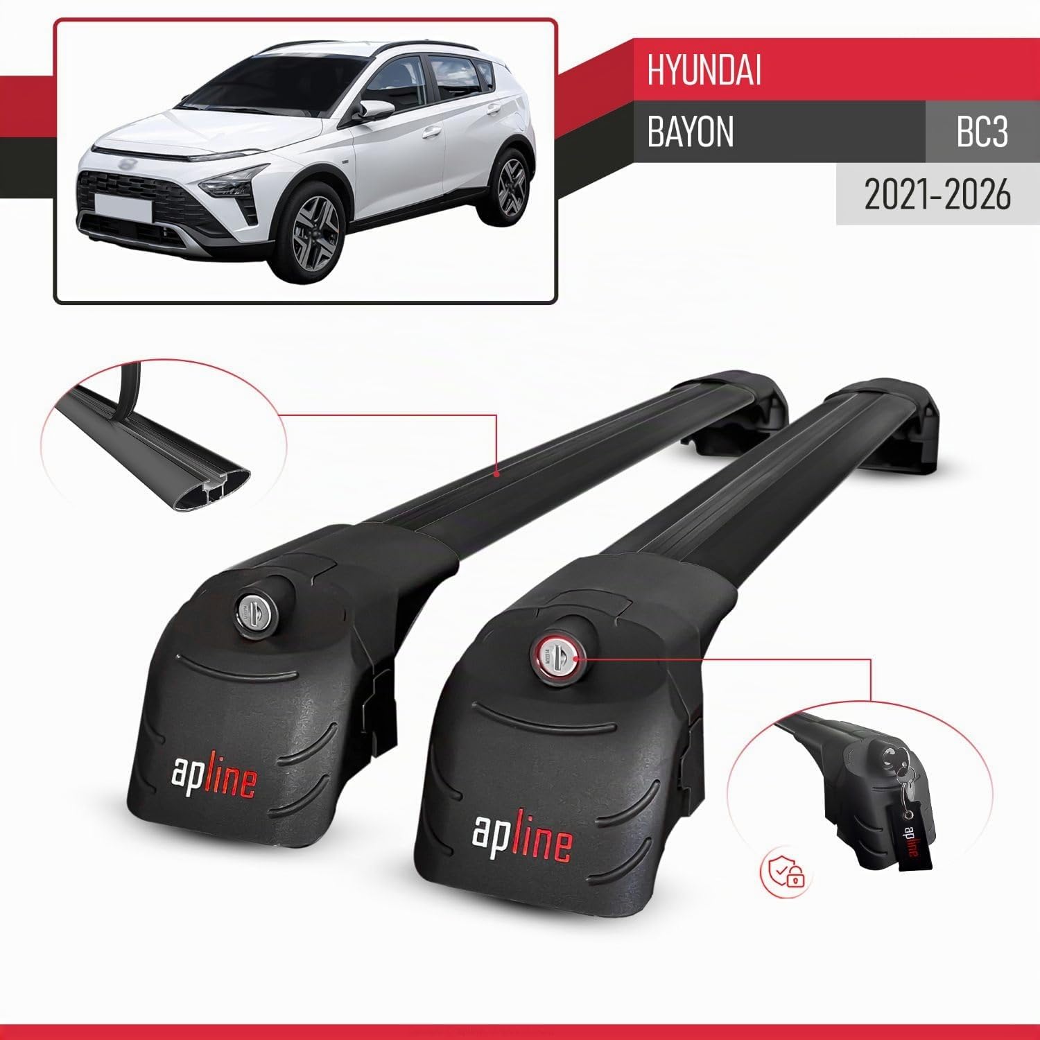 Compatible con Hyundai Bayon (BC3) 2021-2026 Modelo Ace-2 Barra de Techo Auto Portaequipajes Barras Transversales Negro Aluminio 2 Barras