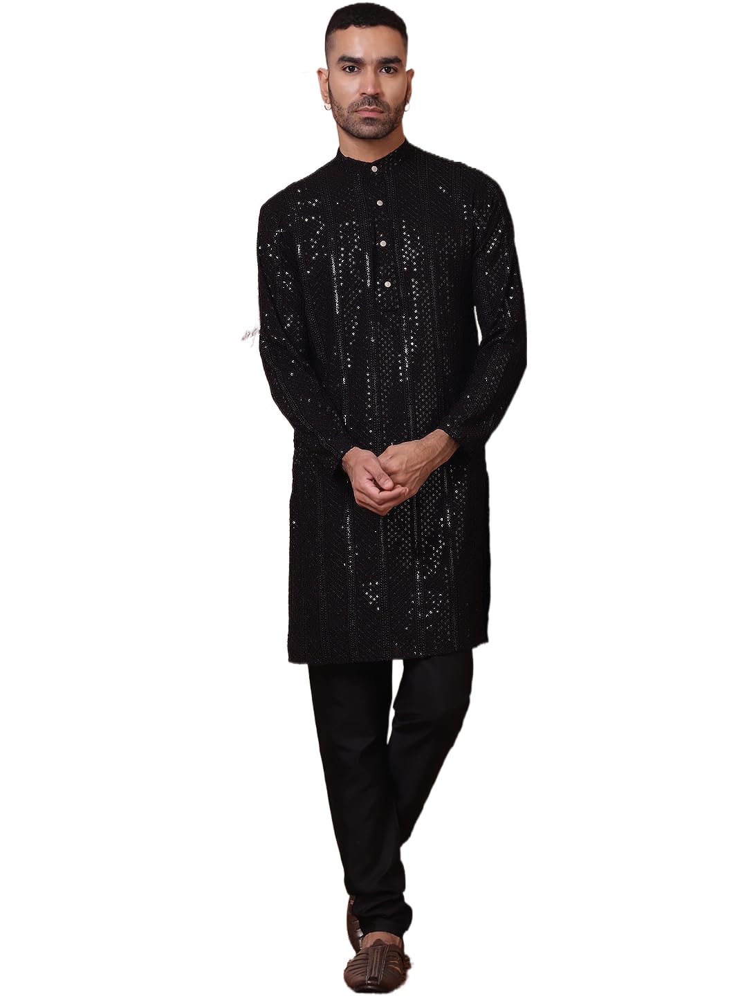 Jompers Mens Black Sequins Embroidered Kurta With Pyjama. (Black, Xxl)