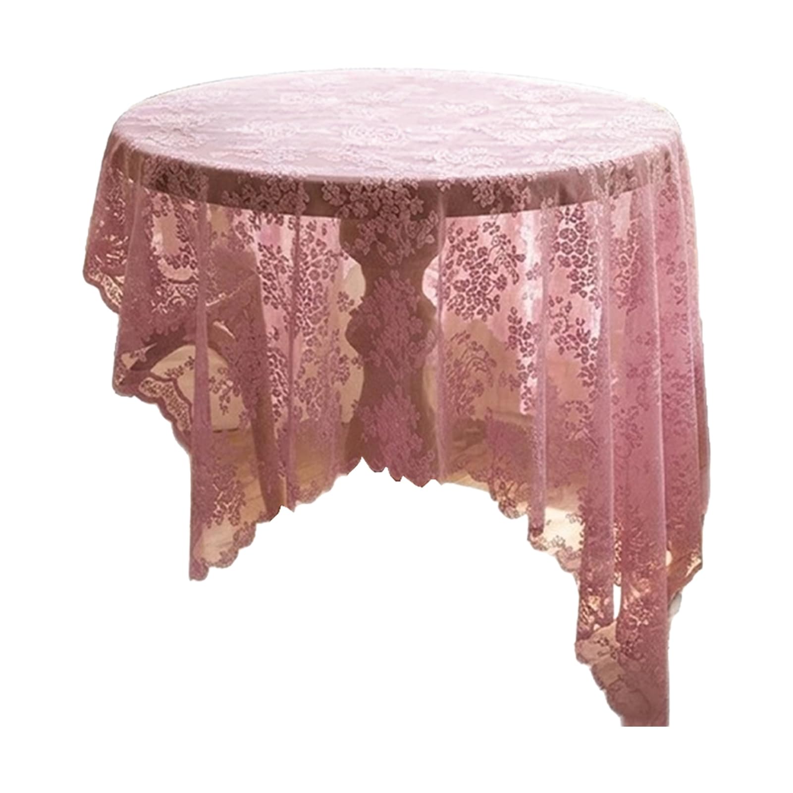 Pasisuu Christmas Retro Lace Tablecloth Floral Embroidered Scalloped Edge Anti-Wrinkle Polyester Fabric, 135cm Table Cover Fits Round Square or Oval Tables for Wedding Party Home Decor (Pink, Small)