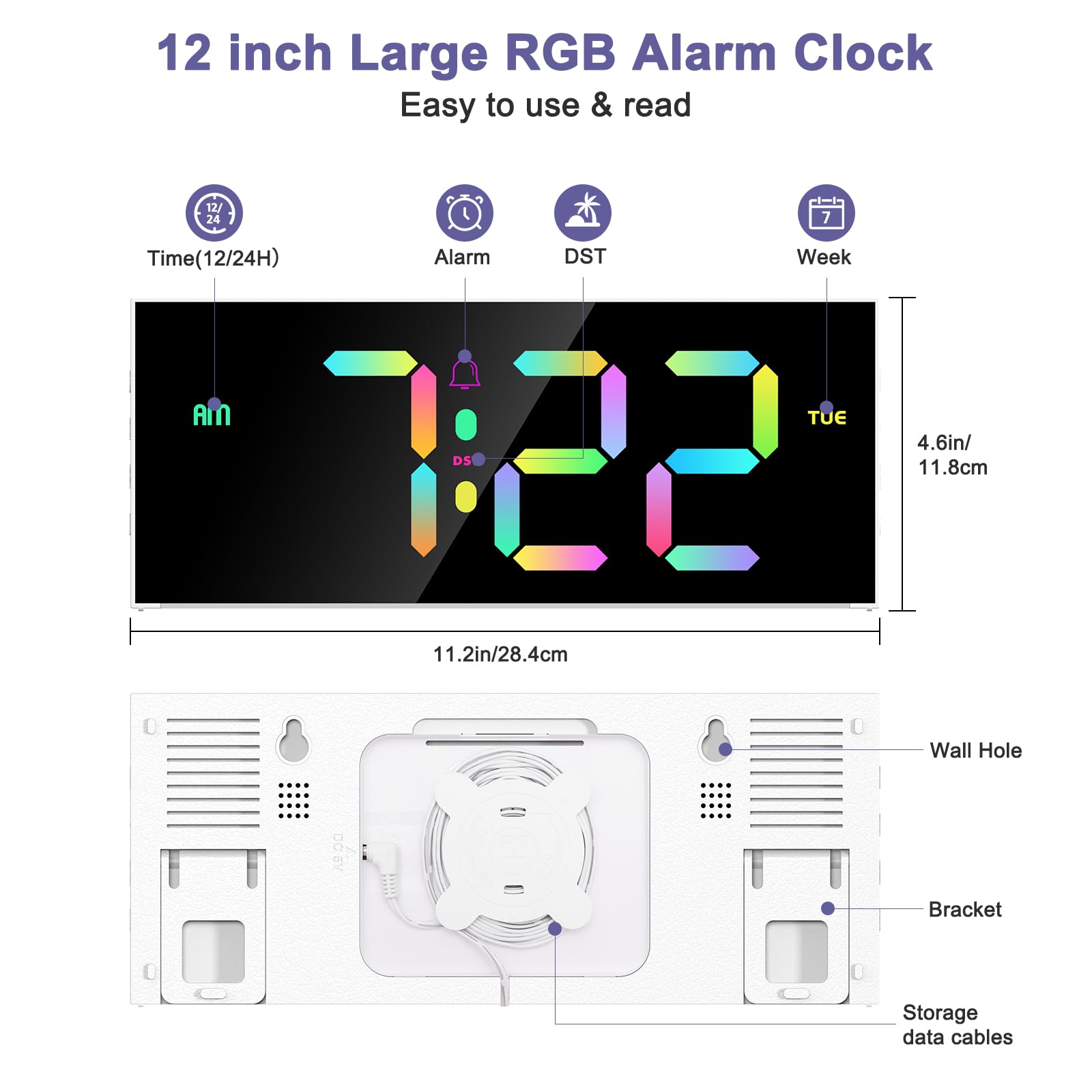 Horloge Murale, Réveil Numérique RGB Écran 12" avec Télécommande, 5 Niveaux de Luminosité, Affichage Date et Heure, Mode Nuit, Horloge Digitale pour Salon, Salle de Sport