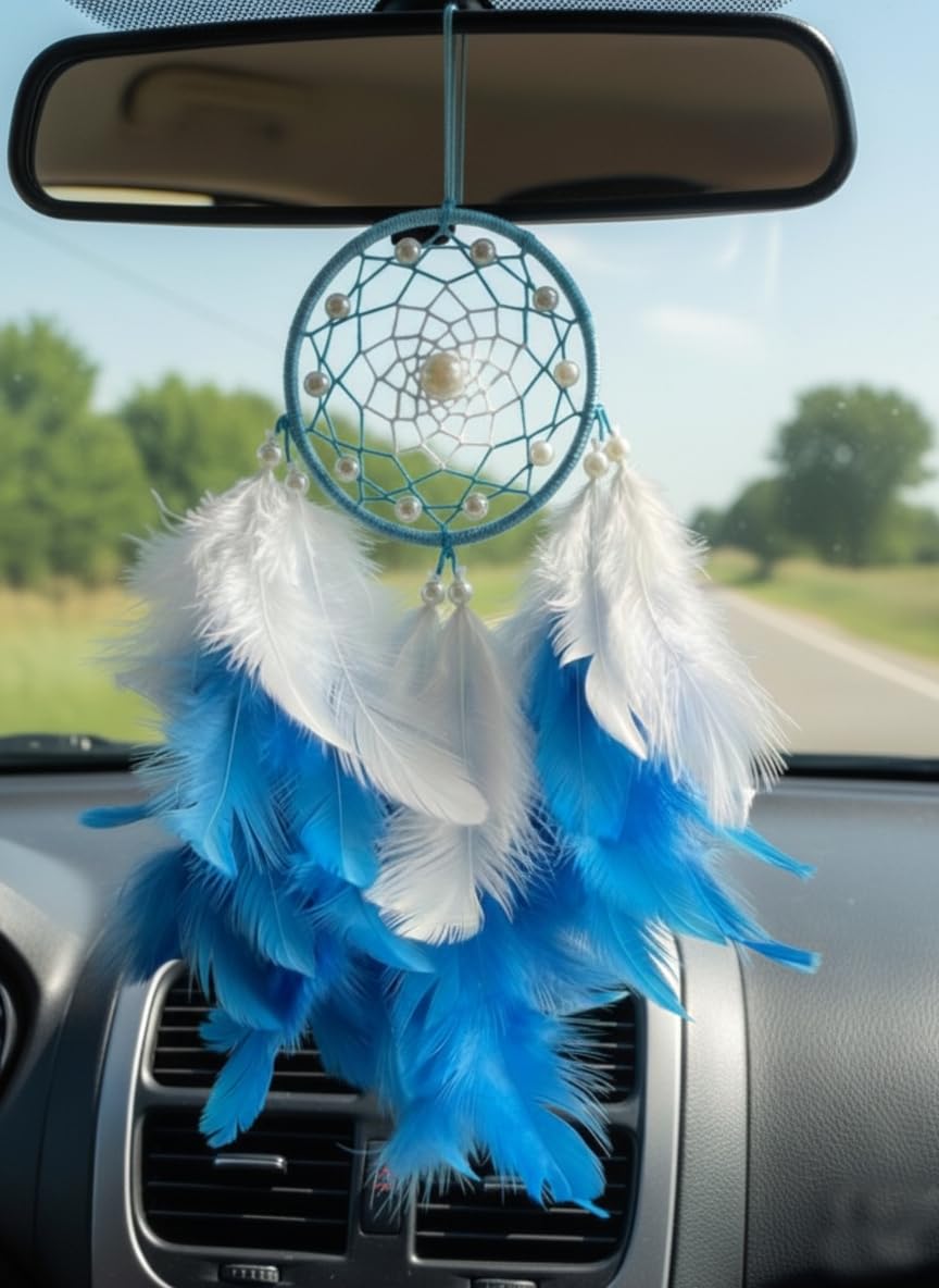 Handmade Dream Catcher Car Hanging for Rear View Mirror | Sky Blue & White Feather Car Decor with Pearls | Boho Lucky Charm, Evil Eye Protector | Car Interior Accessories (22 cm)-image-19