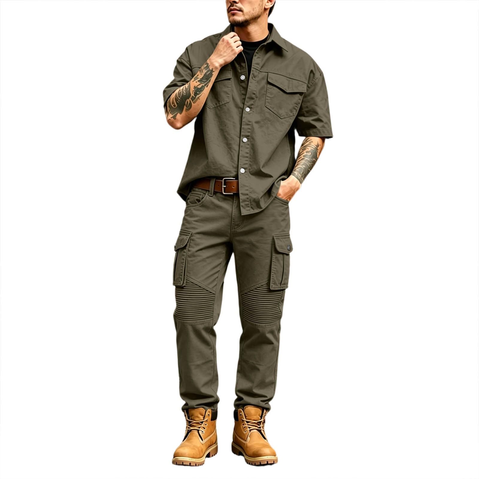 Traje de ocio para hombre Chándal holgado de 2 piezas, camisa de manga corta y pantalones cargo de patchwork, chándal cómodo, traje de fitness informal, traje deportivo para correr