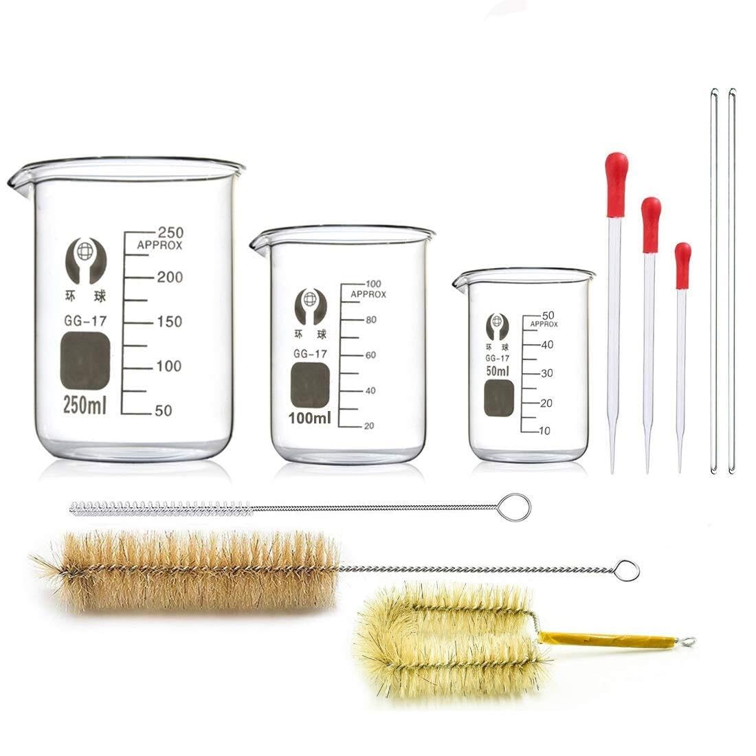 Probeta de Laboratorio para Ciencias, Juego de pipetas cilíndricas y Vasos de Vidrio con Varillas agitadoras y cepillos, Paquete de 18 tamaños múltiples(2 pcs 250ML)