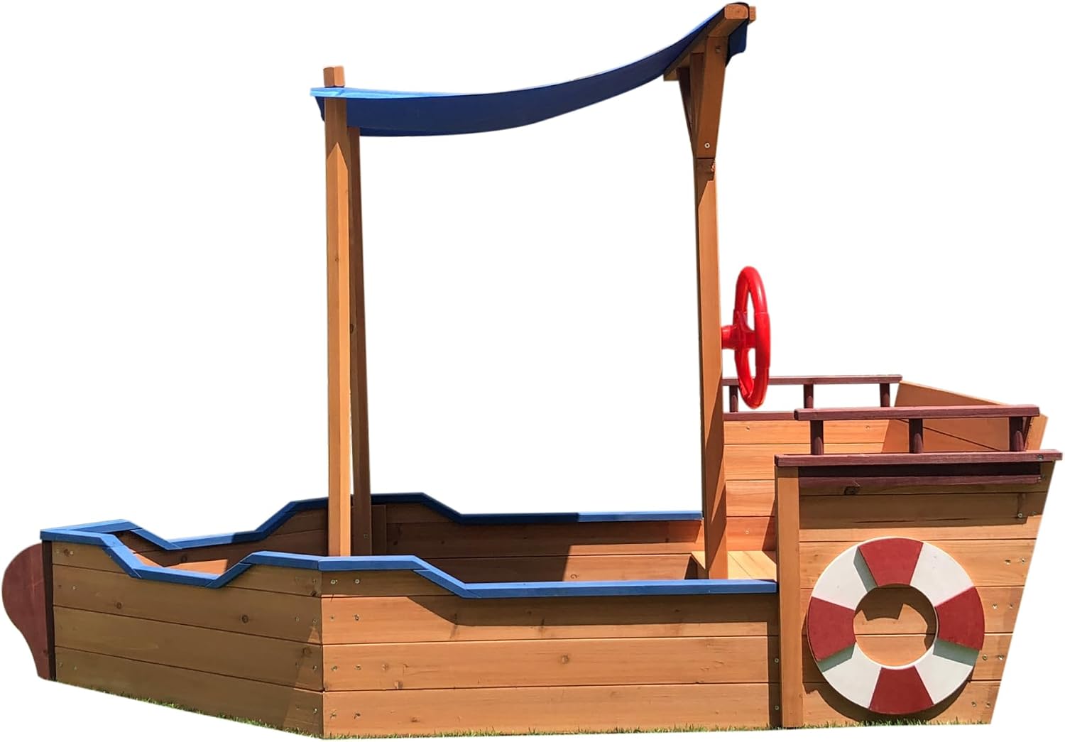 Pirate Ship Sandbox with Lid and Canopy for Kids Ages 4-8, Wooden Outdoor Sand Box with Cover, Rudder, Storage Bench, 43.3x22.6x6.3 Inch