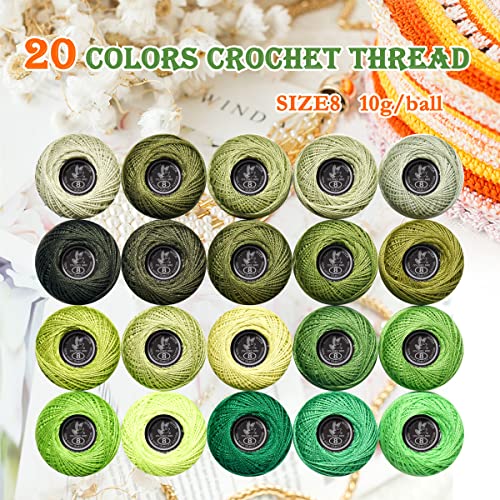 Image of Soft 20 Colors Classic Crochet Thread 20 Pack,100% Cotton (Avocado Green-701-524)