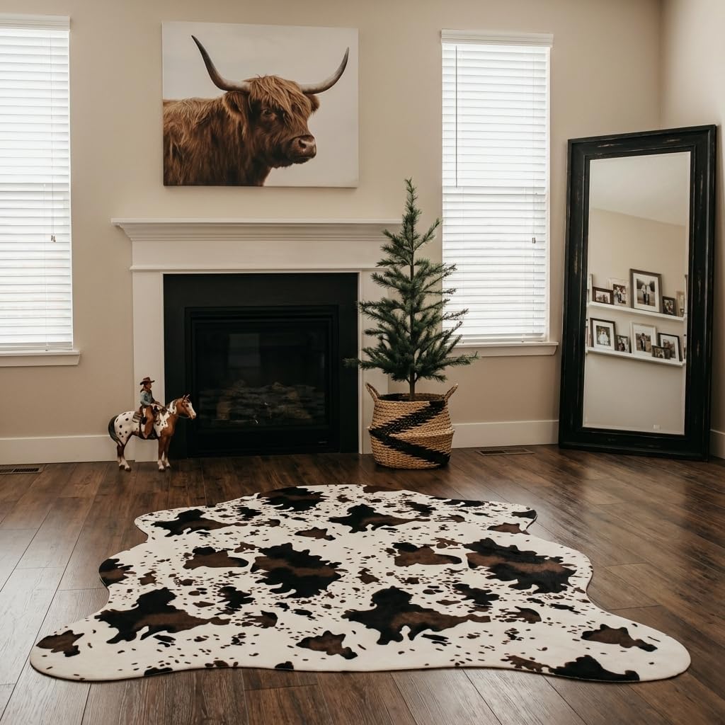 MustMat Cute Cow Print Rugs 4'7''×5'3'' Western Cowboy Decor Faux Cow Hide Rug for Kids Room