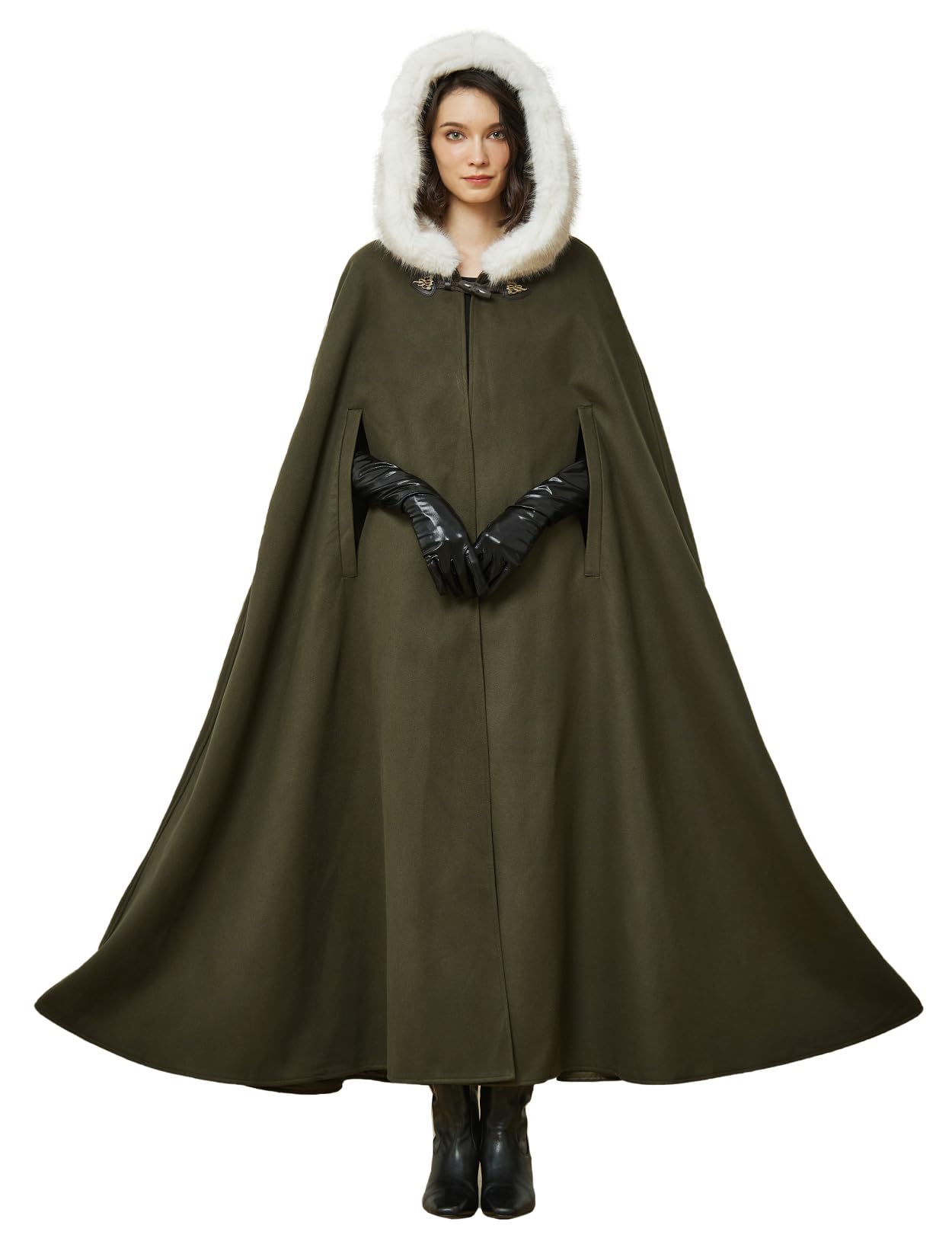 BEAUTELICATE Women Hooded Cape Coat Long Wool Cloak With Hood Vintage Overcoat Plus Size for Winter Wedding Bride Medieval Halloween Christmas Cosplay Costume 140cm