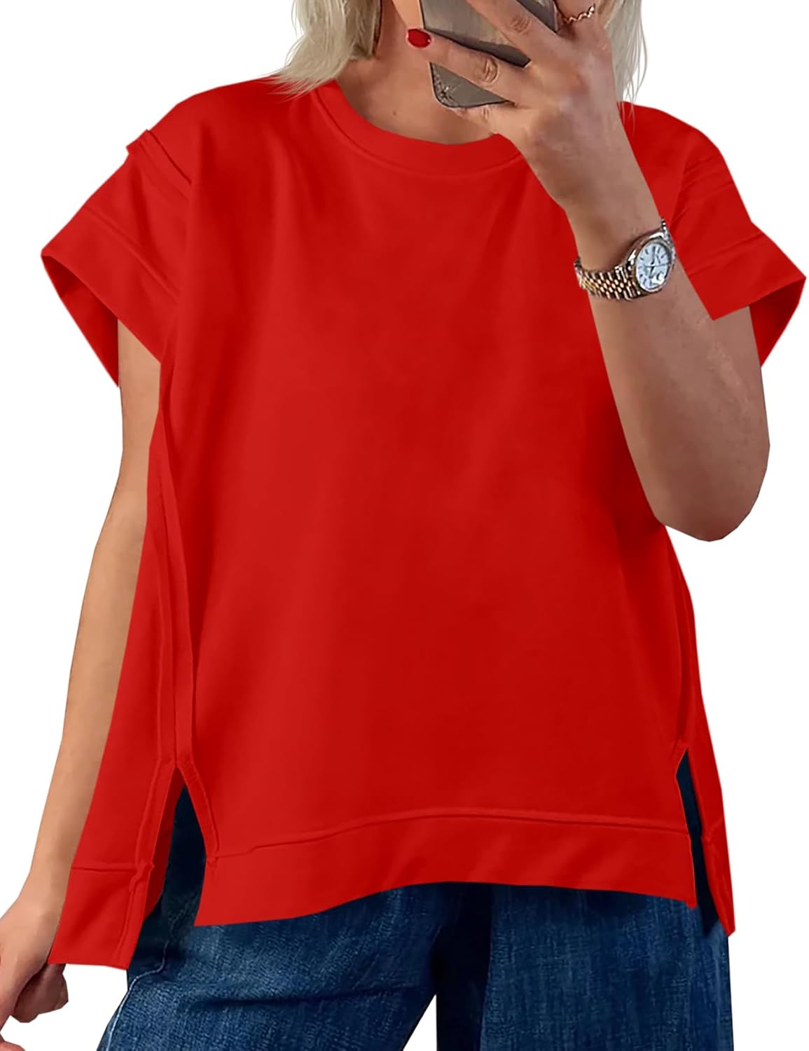 Tankaneo Womens Oversized Short Cap Sleeve T-Shirts Crew Neck Side Slit Tops Summer Casual Loose Fit Tees Tunic Shirts