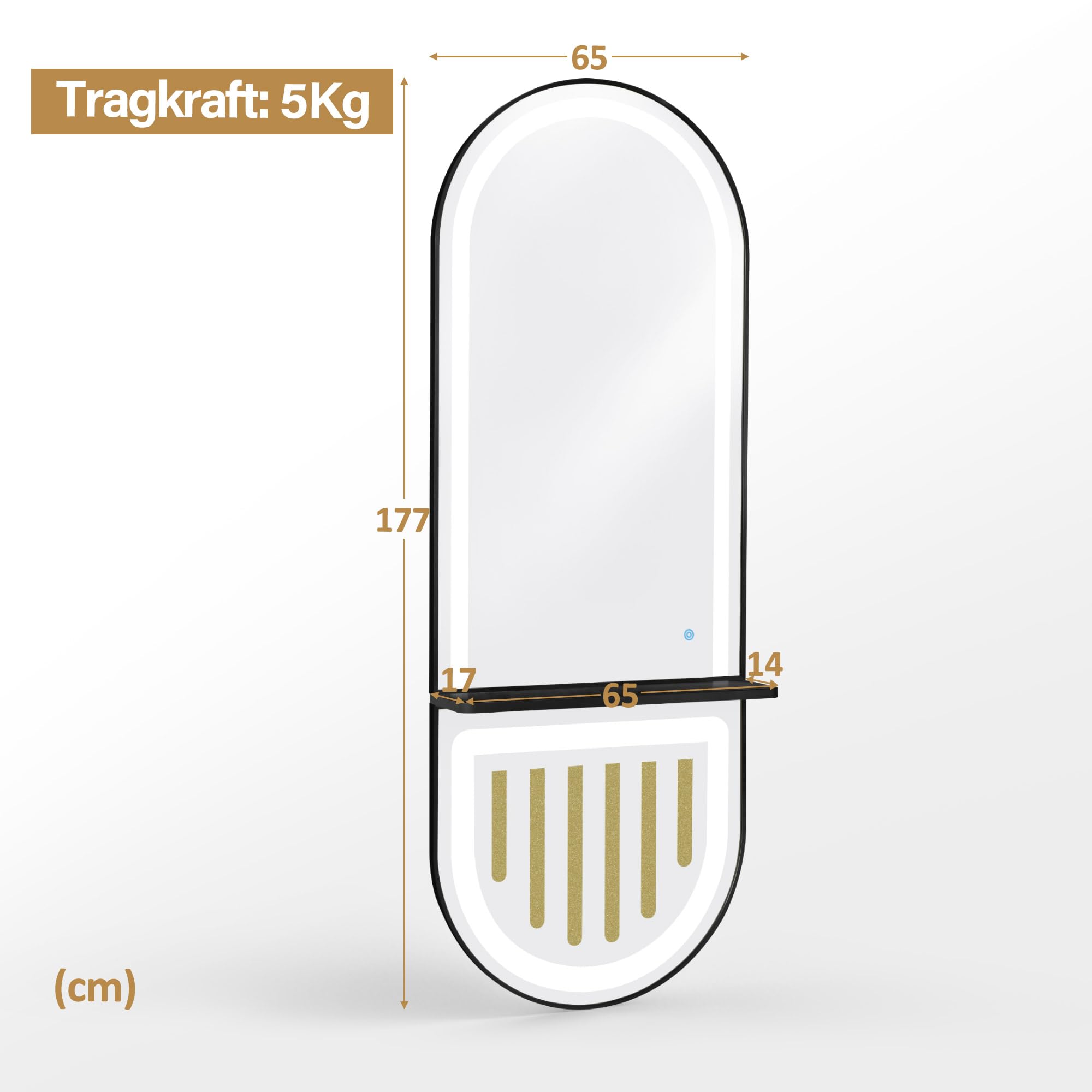 Barberpub Wandspiegel mit Beleuchtung, Ganzkörperspiegel mit Aluminiumrahmen, Spiegel Groß mit Ablage, Touch-Schalter, 3 Lichtfarben Dimmbar, Mondern für Friseursalon, 17x65x177 cm, J6257 (Schwarz)