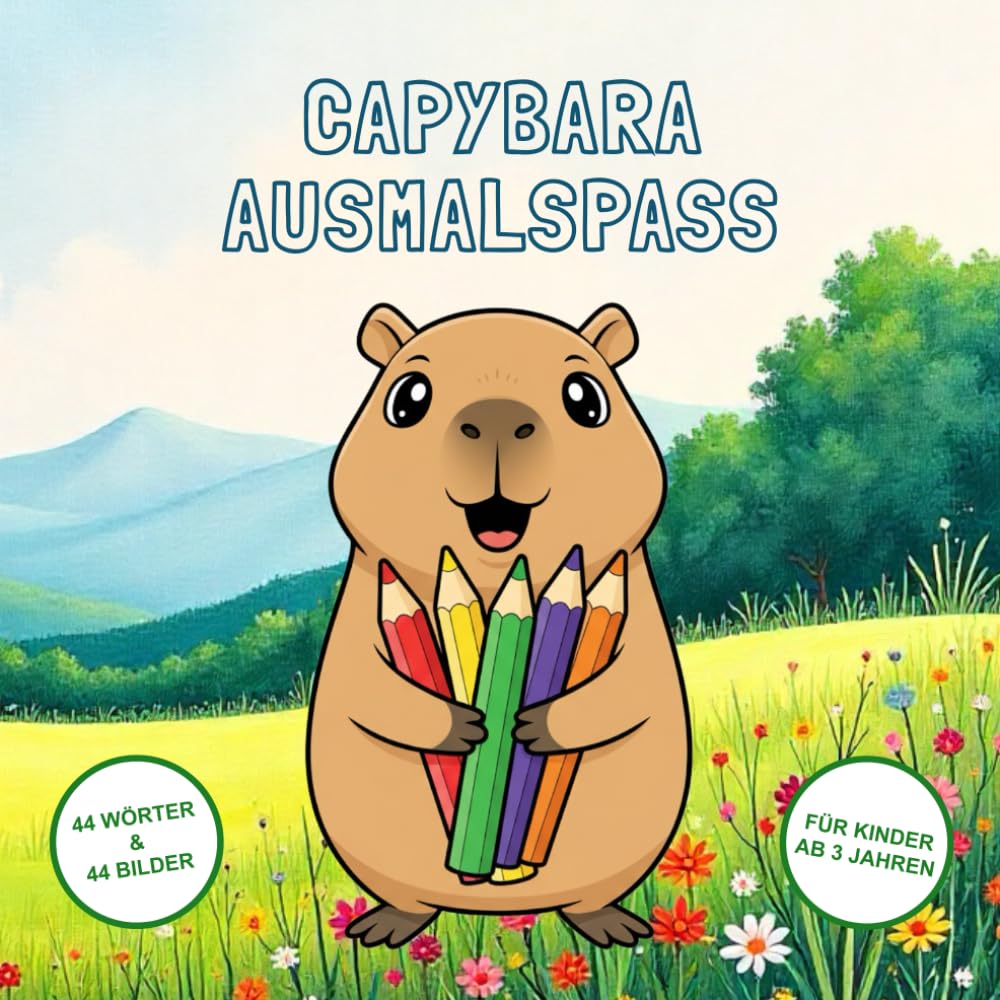 Capybara Ausmalspaß: 44 große Wörter & süße Capybaras: Malspaß, Wörter lernen & kreative Tiermotive