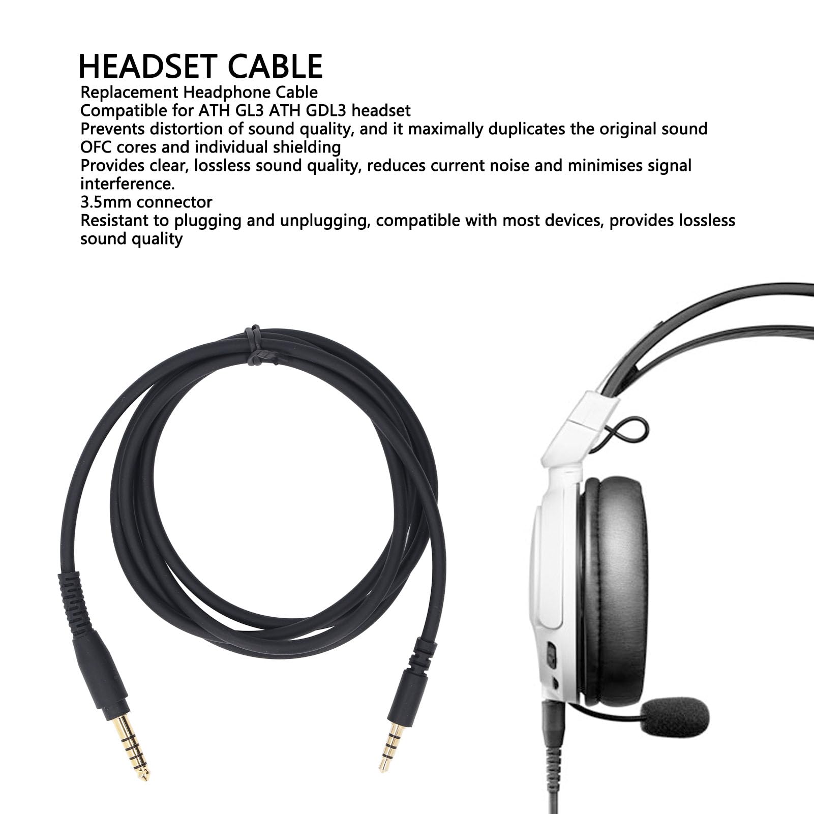 Kopfhörer-Soundkabel, Ersatz-OFC für ATH GL3 ATH GDL3 Headset, Verlustfreie Klangqualität, 1,3 Meter für Musik-Gaming