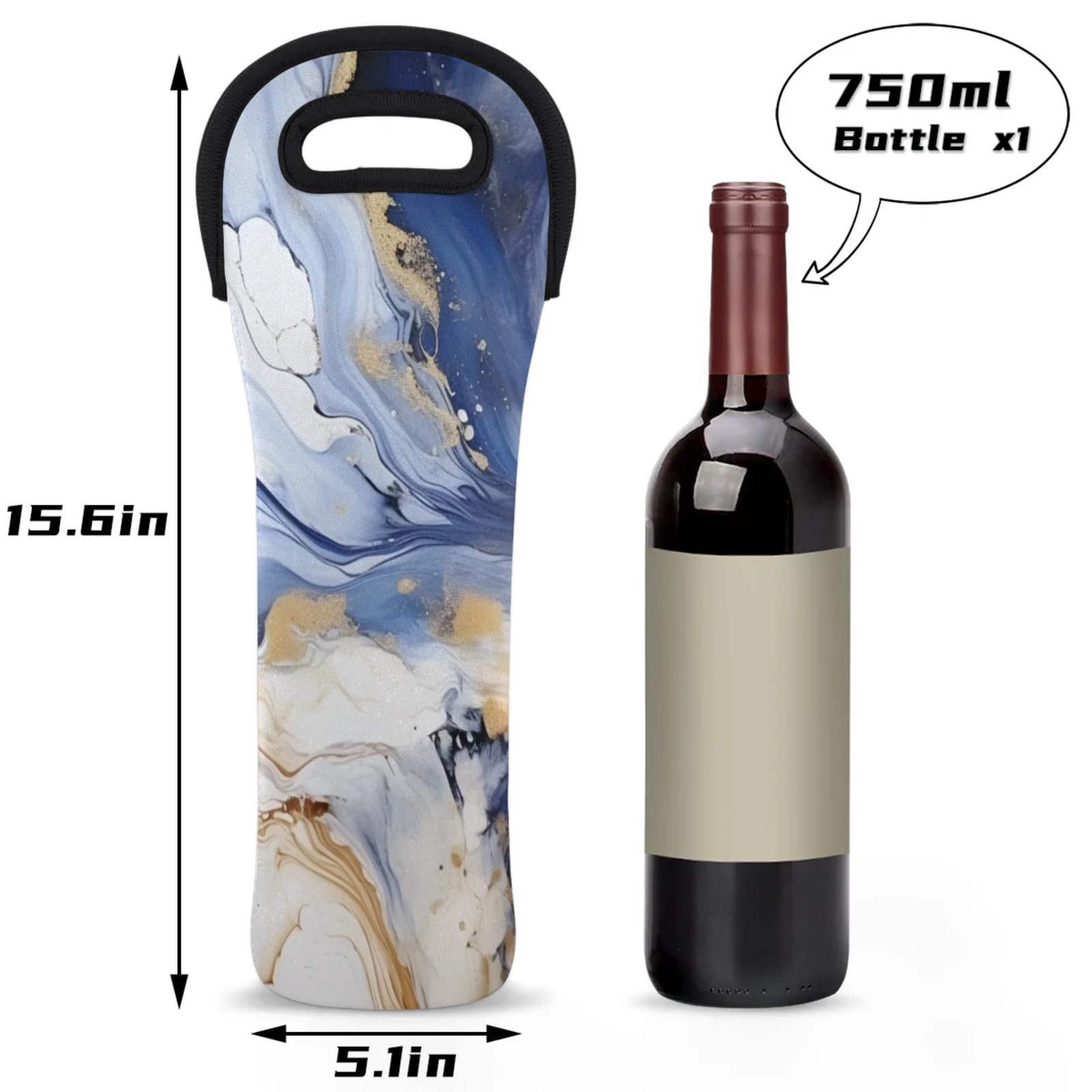 Neoprene Wine Tote Carrier Bag for Wine,Water, Champagne, Beer, Baby Bottles 15.6 x 5.1 Inches, Protective Wine Bag,Luxury Abstract Fluid