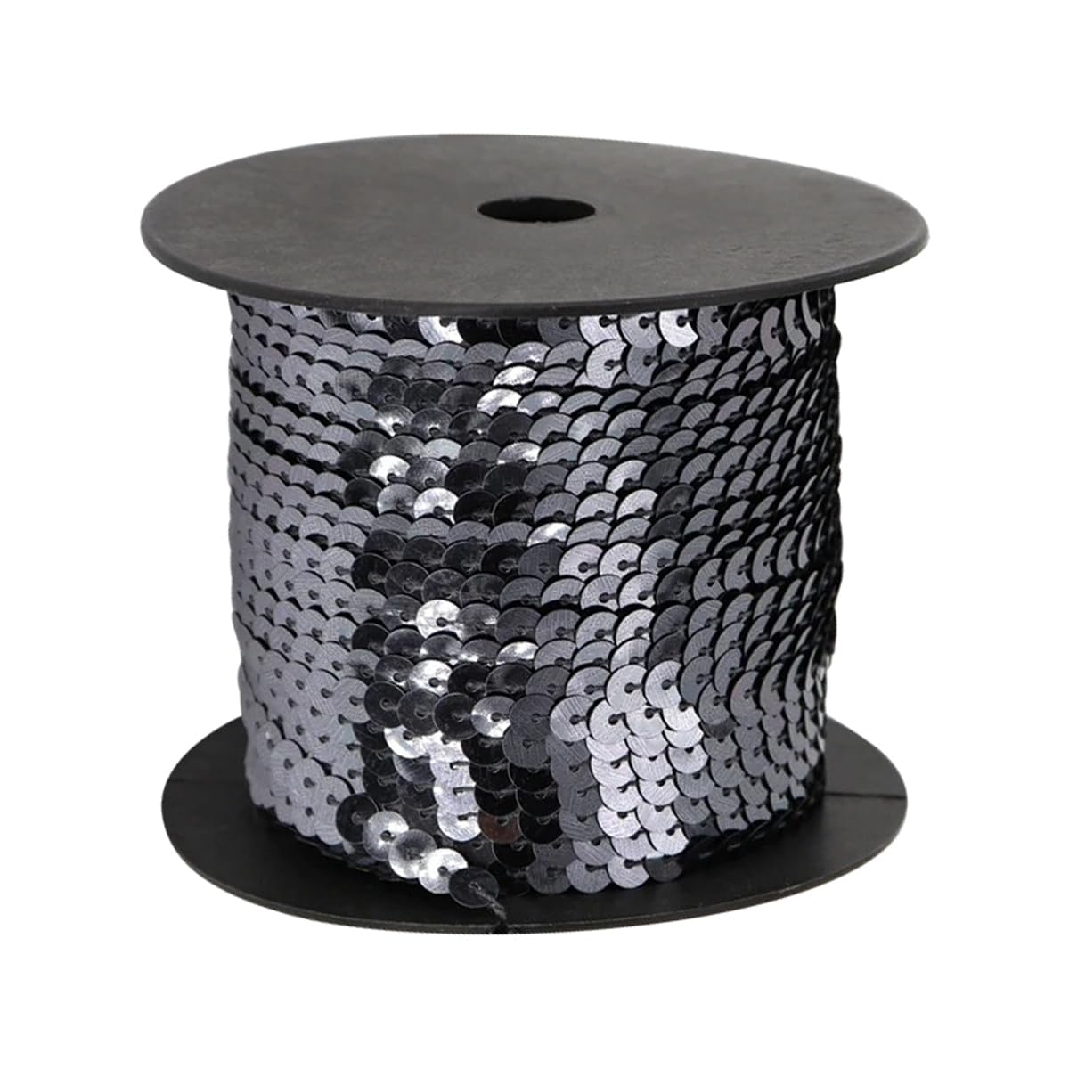 Cinta plana de lentejuelas PVC de 6 mm gris oscuro en rollo de 100 yardas