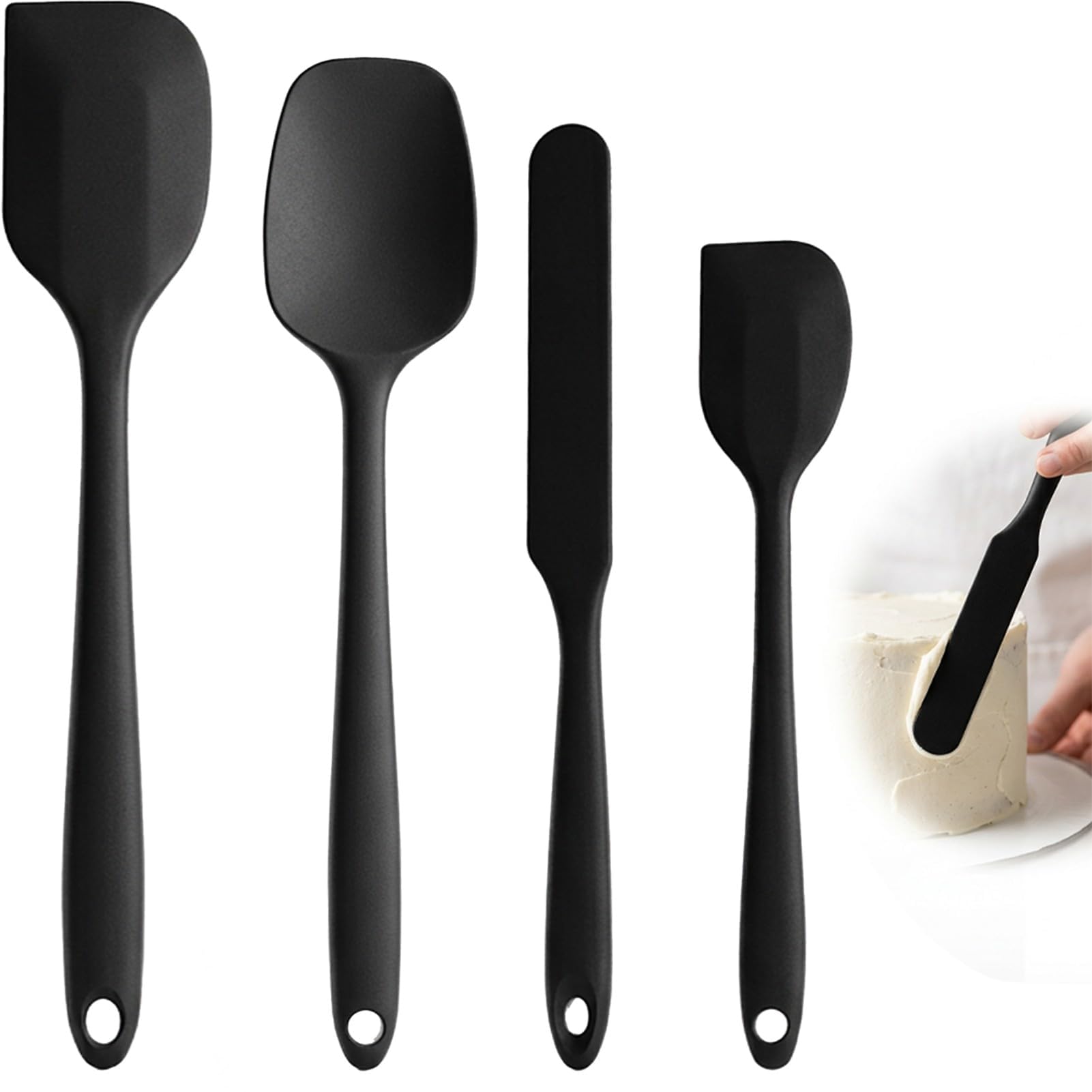 4 Pack Silicone Spatula Set, Non-Stick and Heat Resistant Kitchen Utensils, Seamless Rubber Spatulas for Cooking Mixing Baking Scraping, Batter Scraper Brush Silicone BPA-Free Tools, Black