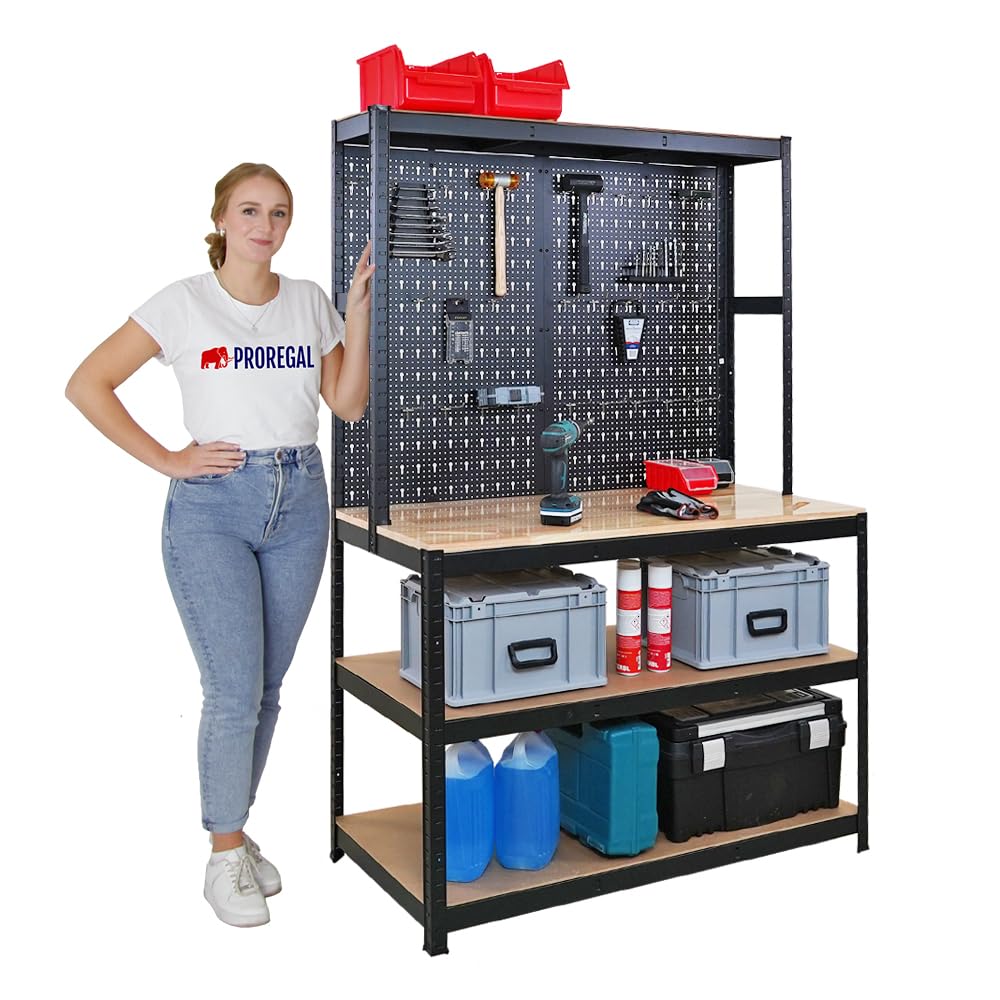PROREGAL Profi - Tavolo da lavoro Giant Beast con parete perforata | HxLxP 180x120x60cm | Capacità di carico 175kg | Nero