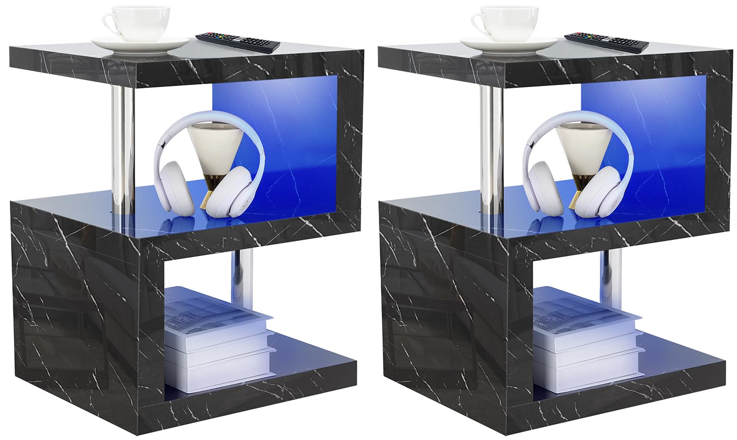 High Gloss Bedside Tables Set of 2 Small Side Tables for Bedroom with RGB LED Lights 2 Tier Shelf Nightstand Sofa Side Table for Living Room End Tables for Small Spaces