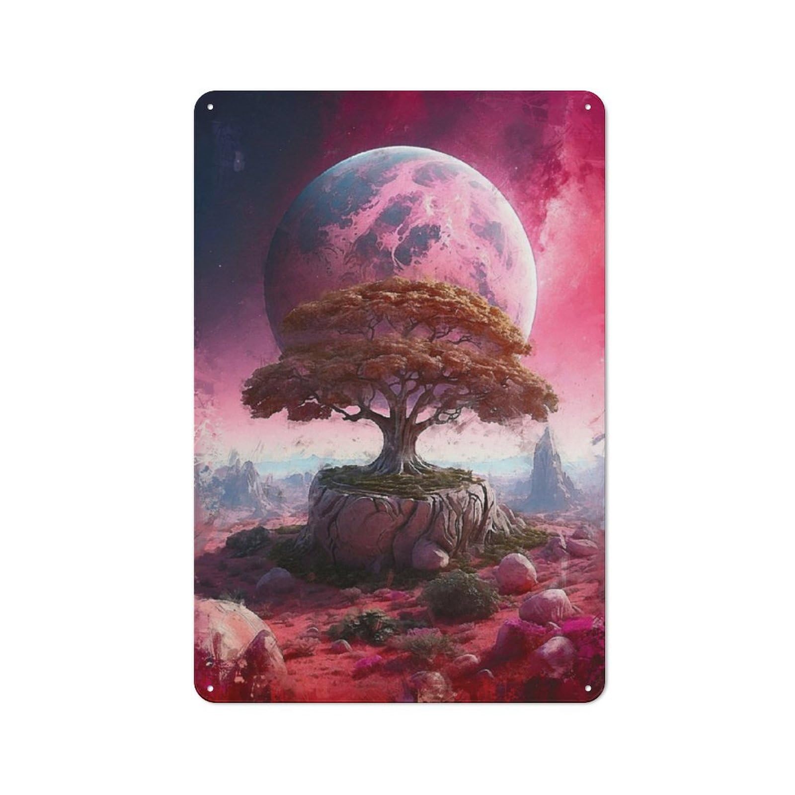 Junmoney Tree On The Pink Planet Vintage Tin Sign 30X20cm With For Living Room Or Hallway, For Living Room Decor Lovers